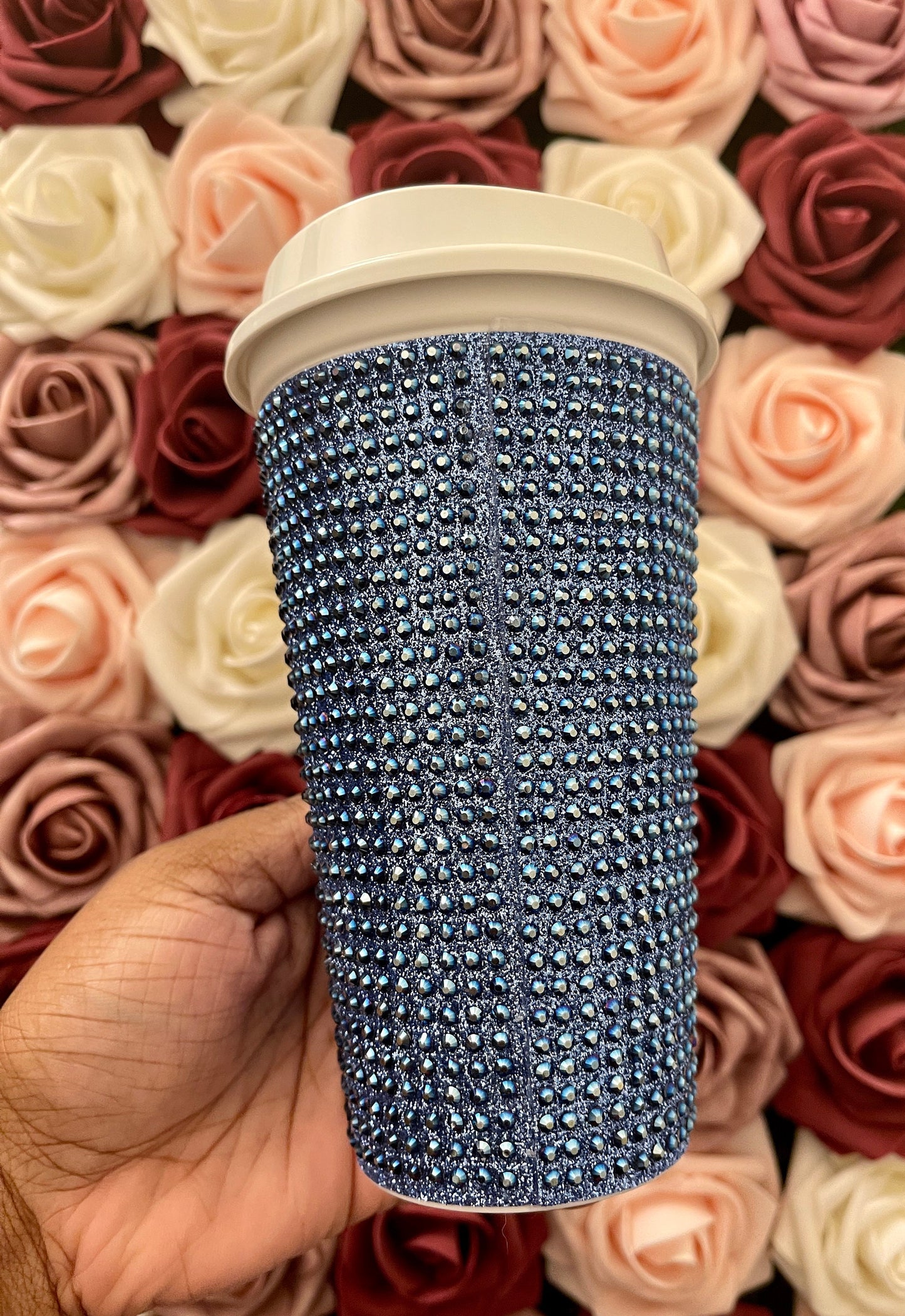 True Blue Glitter HTV and Metal Blue Rhinestone Bling Hot Cup Starbucks Tumbler 16 oz