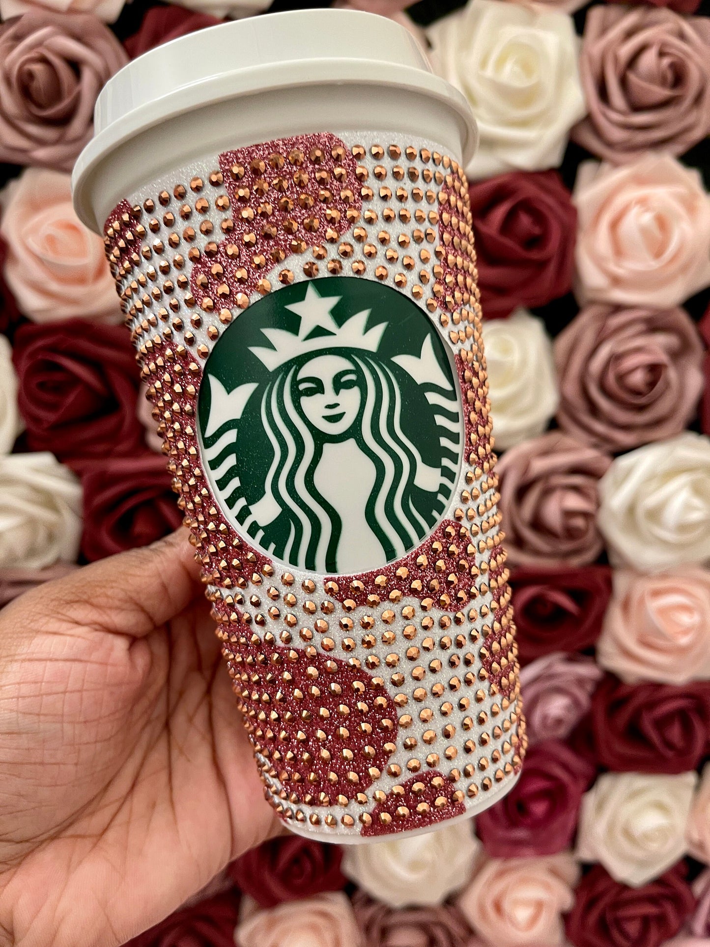 Rose Gold Glitter HTV Cow Print with Rose Gold Rhinestone Bling Hot Cup Starbucks Tumbler 16 oz