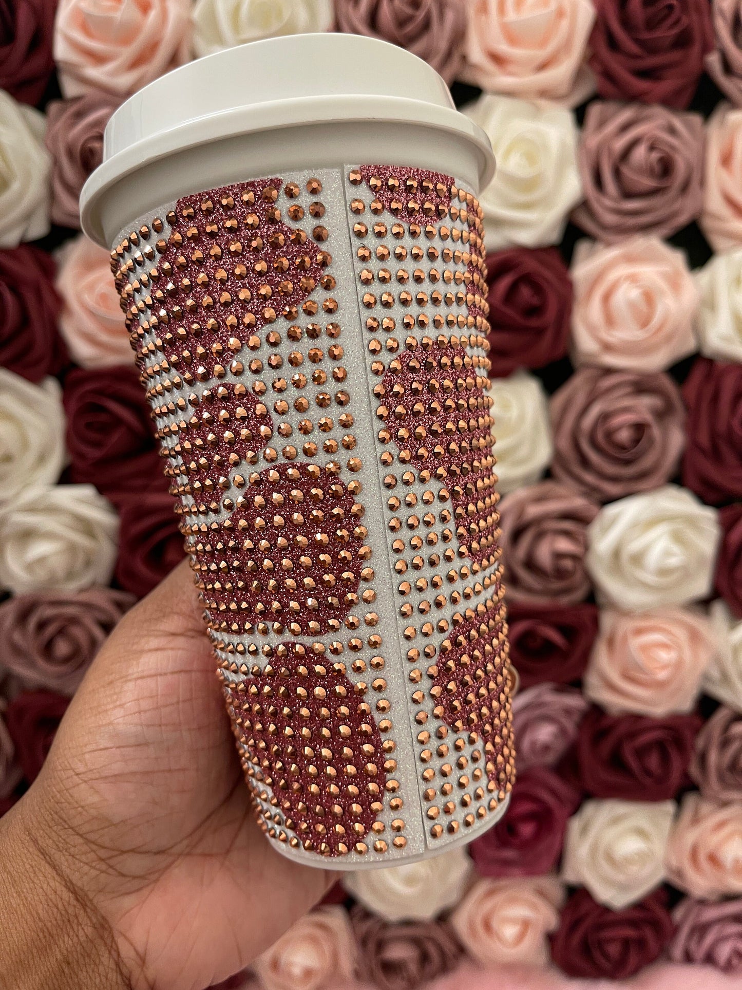 Rose Gold Glitter HTV Cow Print with Rose Gold Rhinestone Bling Hot Cup Starbucks Tumbler 16 oz