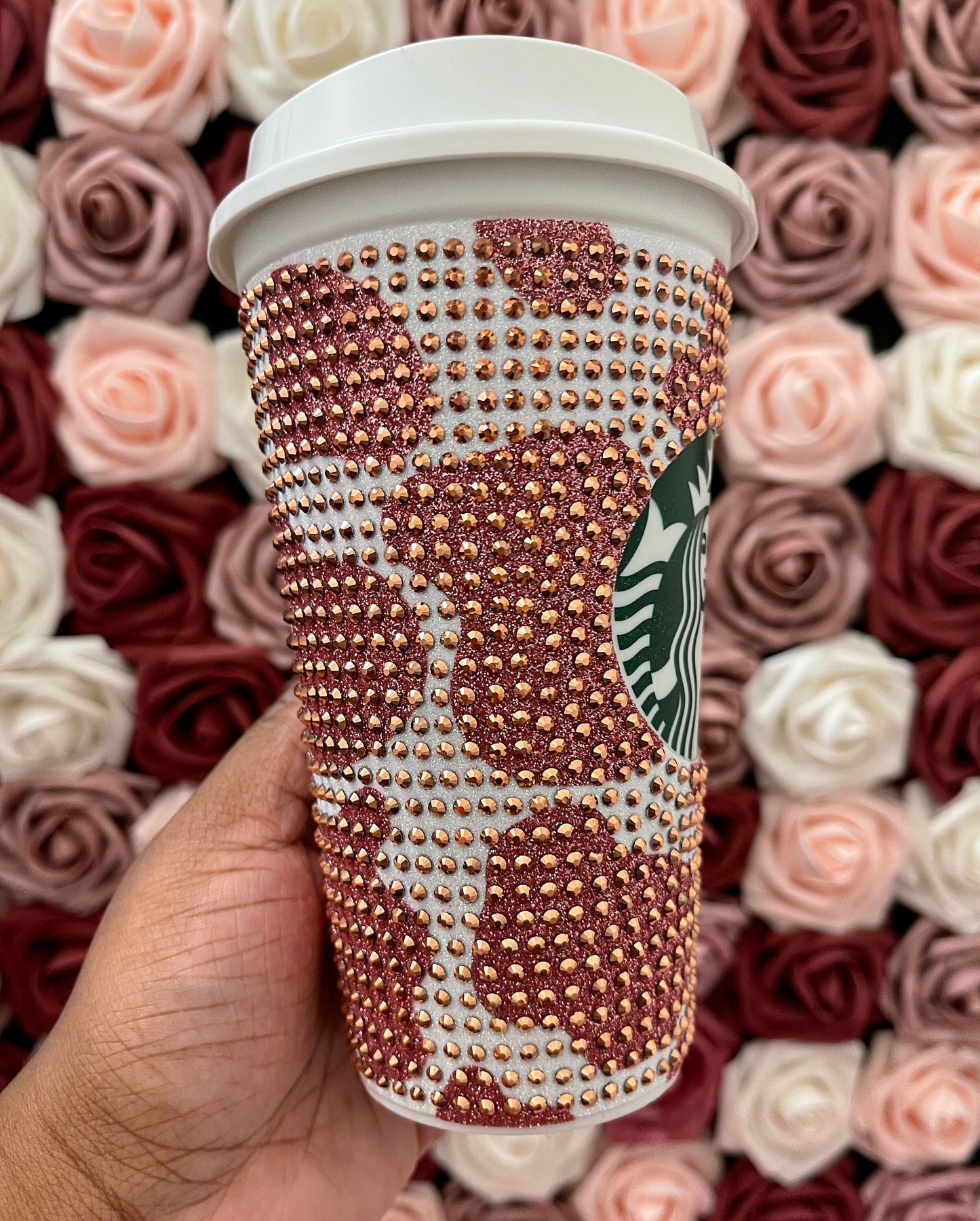 Rose Gold Glitter HTV Cow Print with Rose Gold Rhinestone Bling Hot Cup Starbucks Tumbler 16 oz