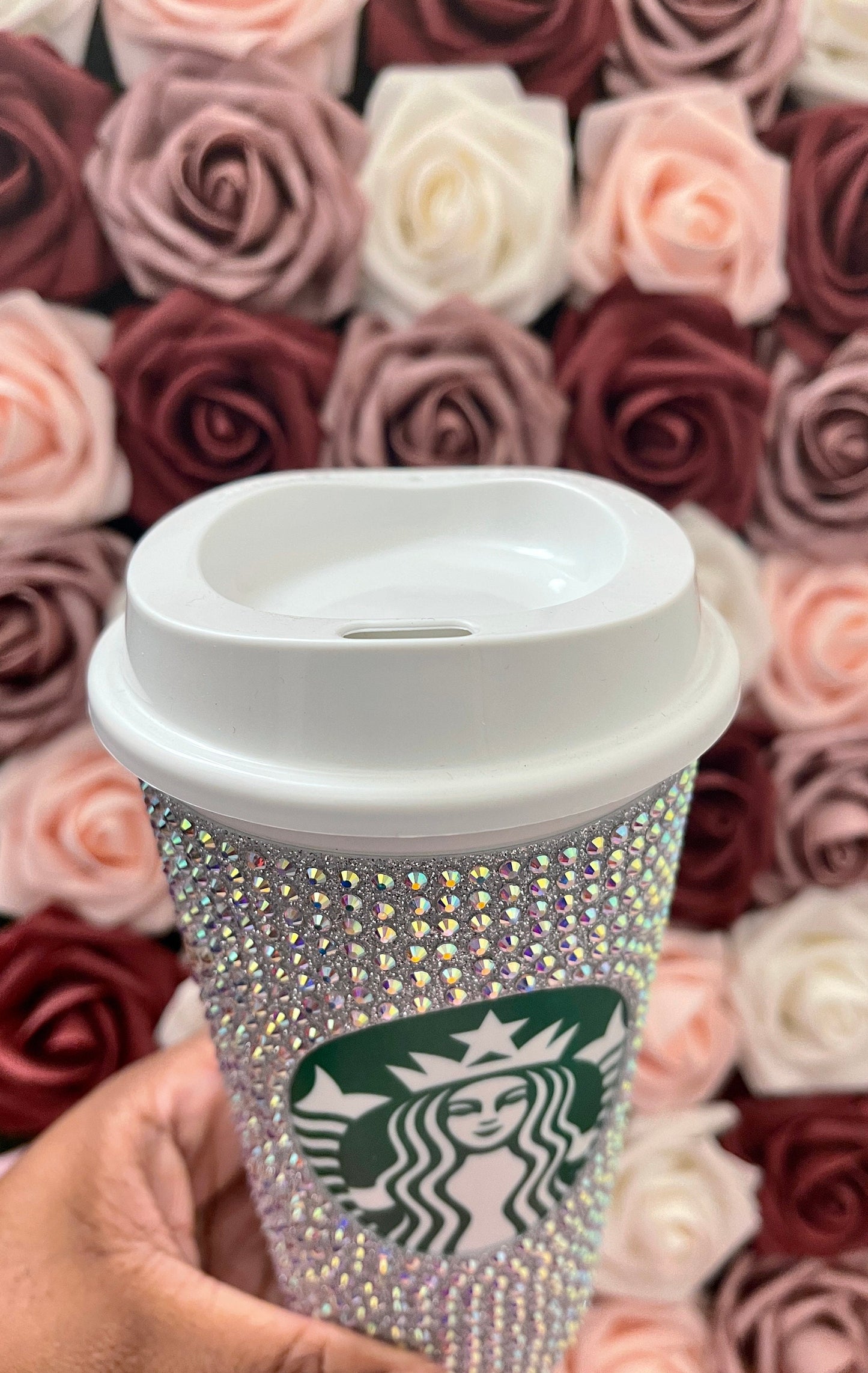 Silver Glitter HTV and Crystal AB Rhinestone Bling Hot Cup Starbucks Tumbler 16 oz