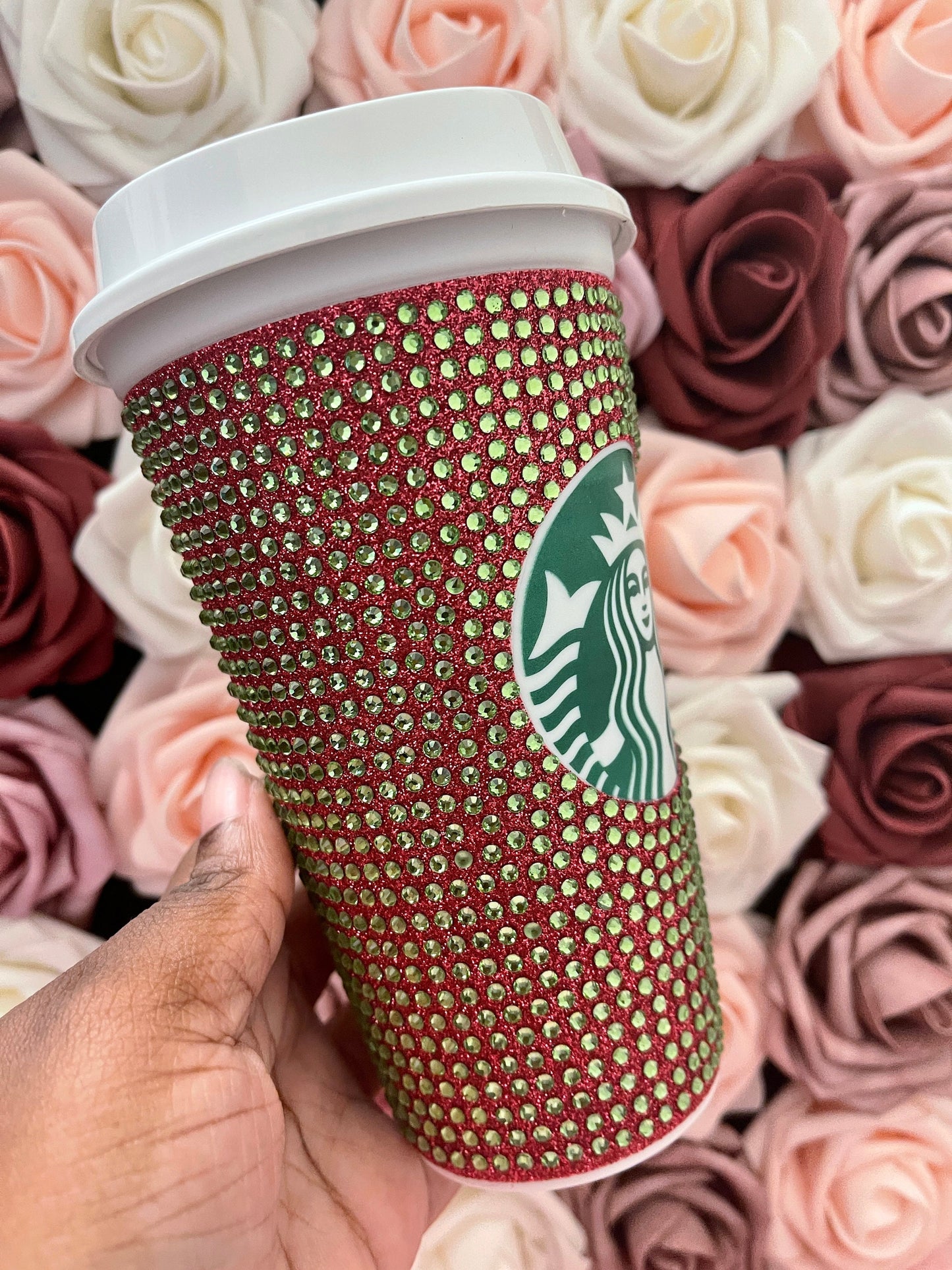 Blush Glitter HTV and Peridot Rhinestone Bling Hot Cup Starbucks Tumbler 16 oz
