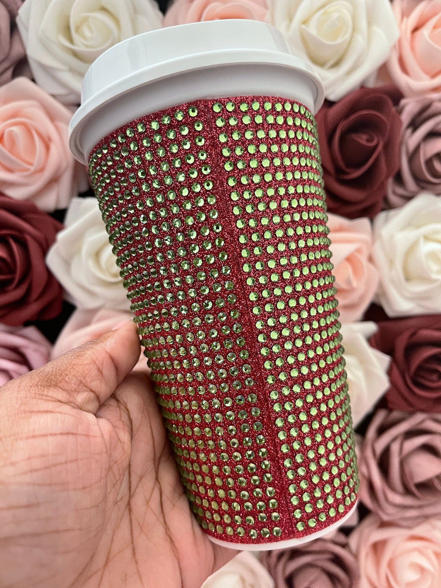 Blush Glitter HTV and Peridot Rhinestone Bling Hot Cup Starbucks Tumbler 16 oz