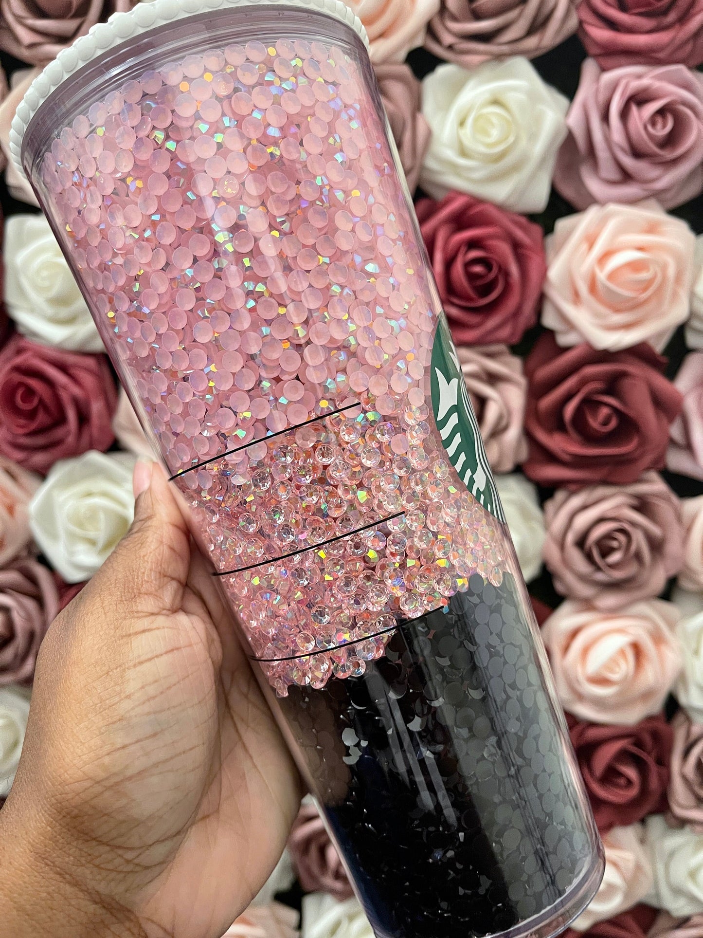 Starbucks Three Color Ombre Pink and Black Rhinestone Filled Tumbler|Rhinestone Lid| Reverse Rhinestones