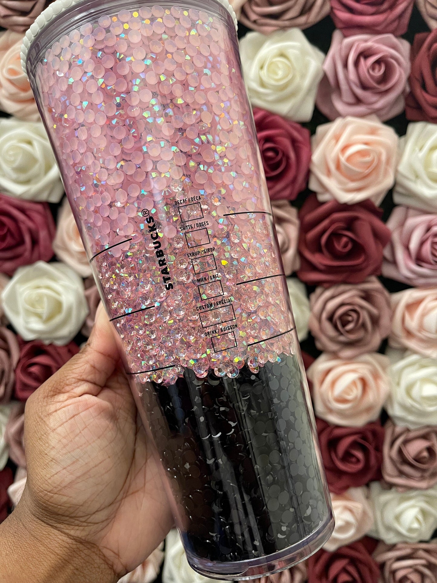 Starbucks Three Color Ombre Pink and Black Rhinestone Filled Tumbler|Rhinestone Lid| Reverse Rhinestones