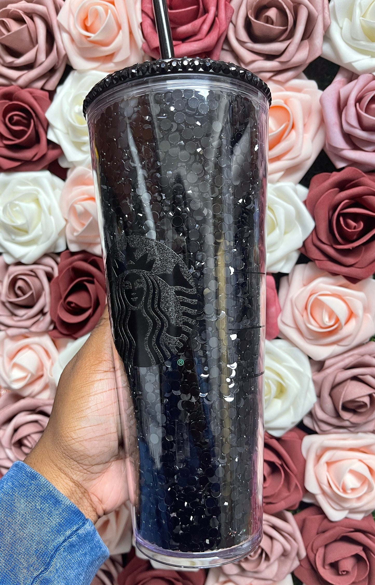 Starbucks Black Rhinestone Filled Tumbler|Rhinestone Lid| Reverse Rhinestones 16 or 24 oz