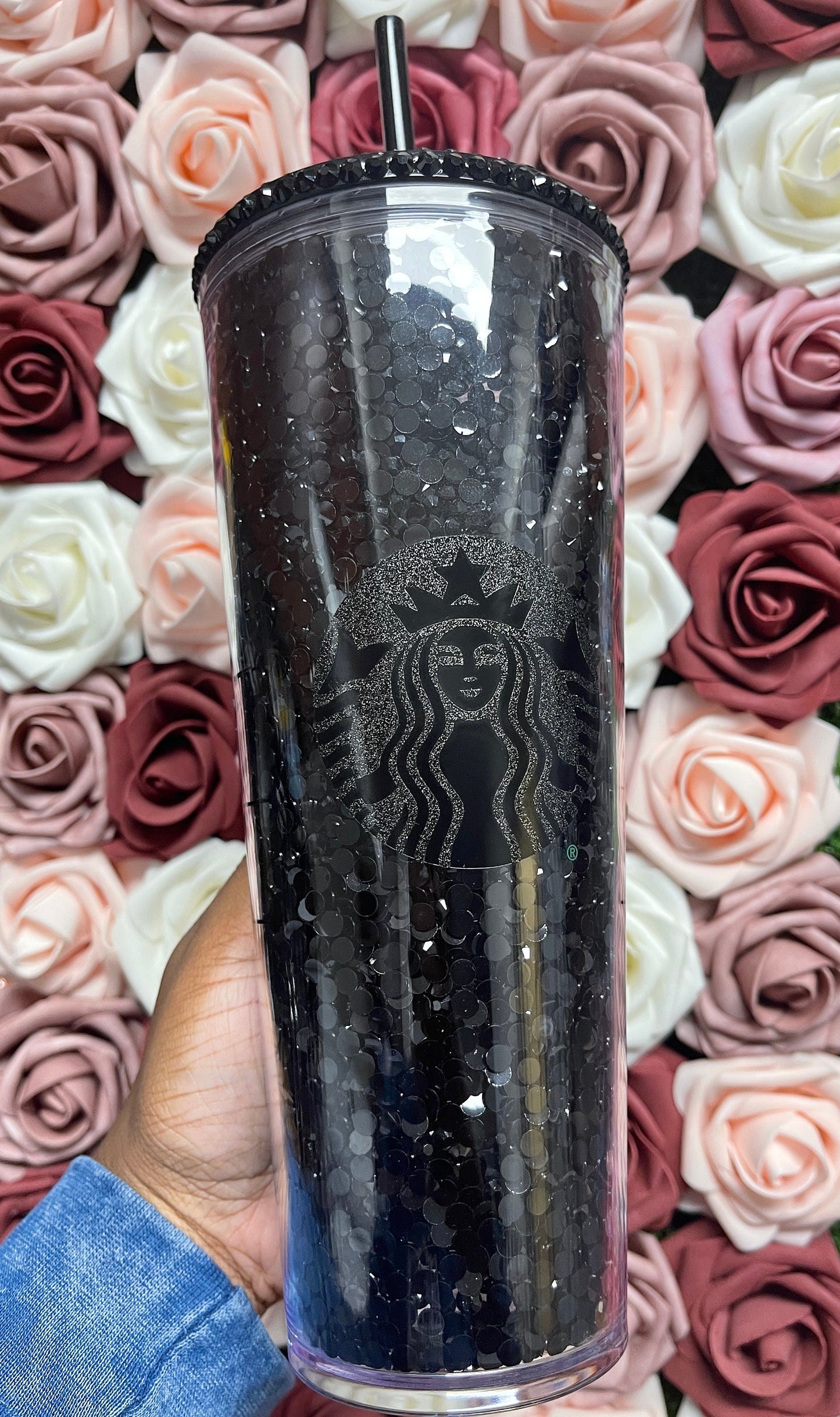 Starbucks Black Rhinestone Filled Tumbler|Rhinestone Lid| Reverse Rhinestones 16 or 24 oz