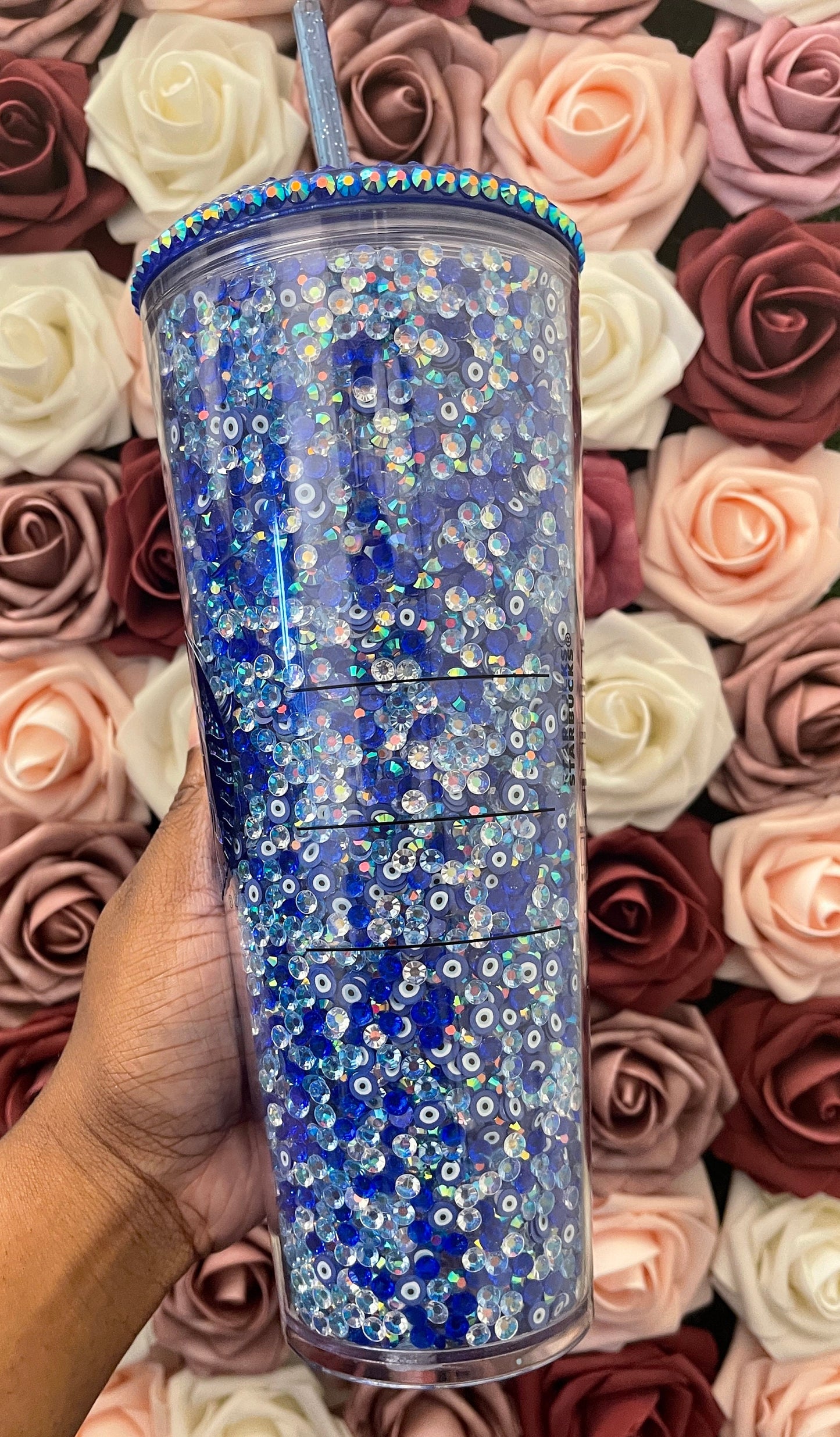 Starbucks Blue Evil Eye Rhinestone Filled Tumbler|Rhinestone Lid| Reverse Rhinestones|Lt. Sapphire AB