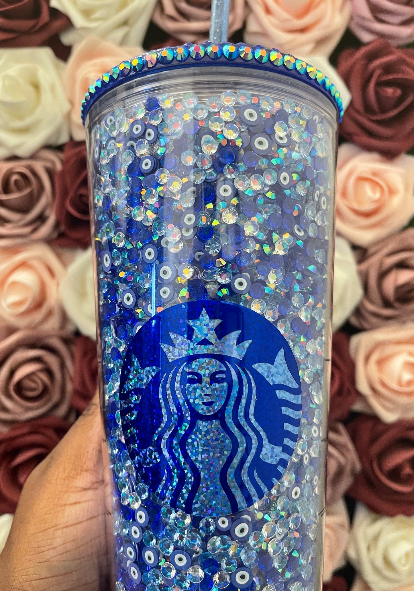 Starbucks Blue Evil Eye Rhinestone Filled Tumbler|Rhinestone Lid| Reverse Rhinestones|Lt. Sapphire AB