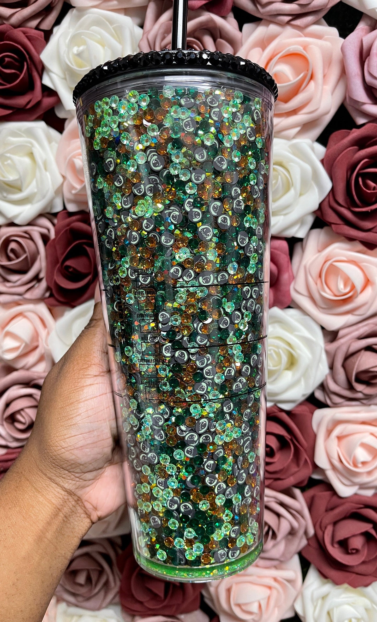 Starbucks Green Mix Rhinestone Filled Tumbler|Rhinestone Lid| Reverse Rhinestones 16 or 24 oz