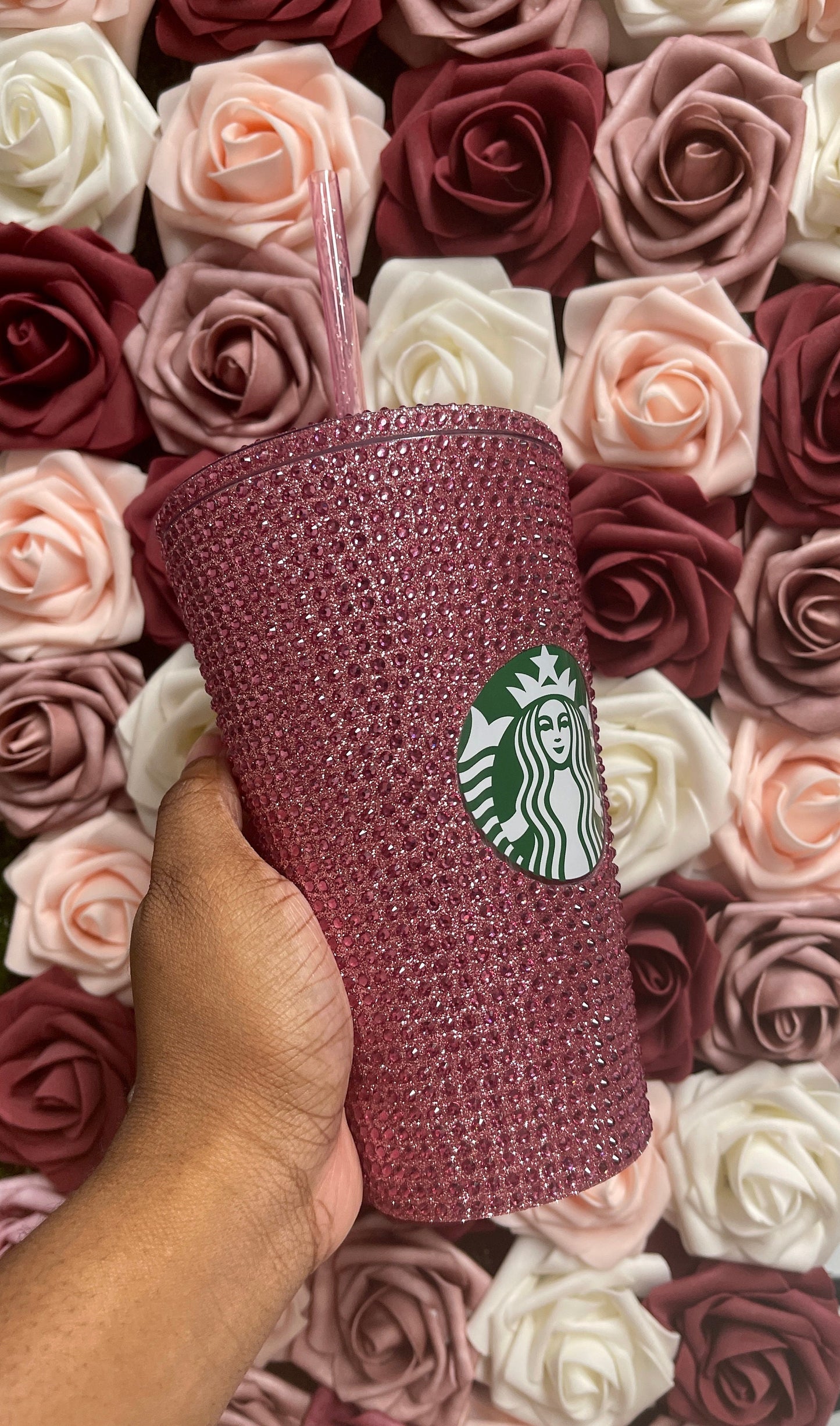 Rose Gold Vinyl With Rose Pink Full Glitter Rhinestone Bling Venti Acrylic Starbucks Tumbler 24oz