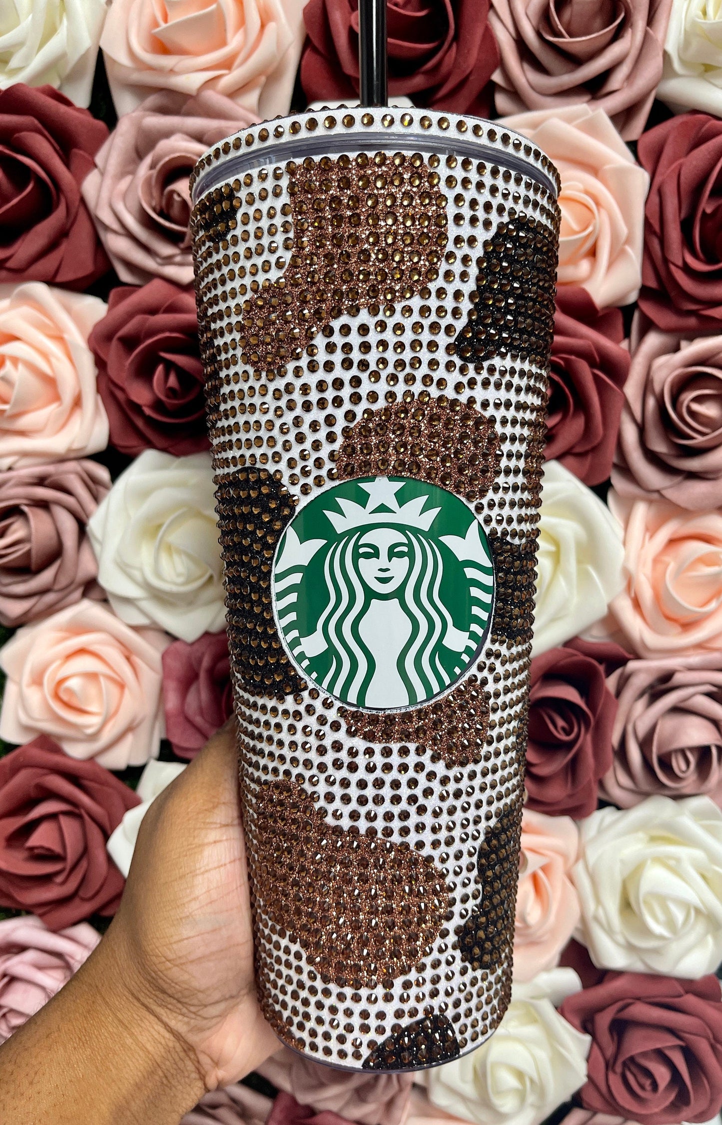 Black and Brown Two Tone Cow Print with Brown Rhinestone Full Bling Venti Acrylic Starbucks Tumbler 16 or 24oz
