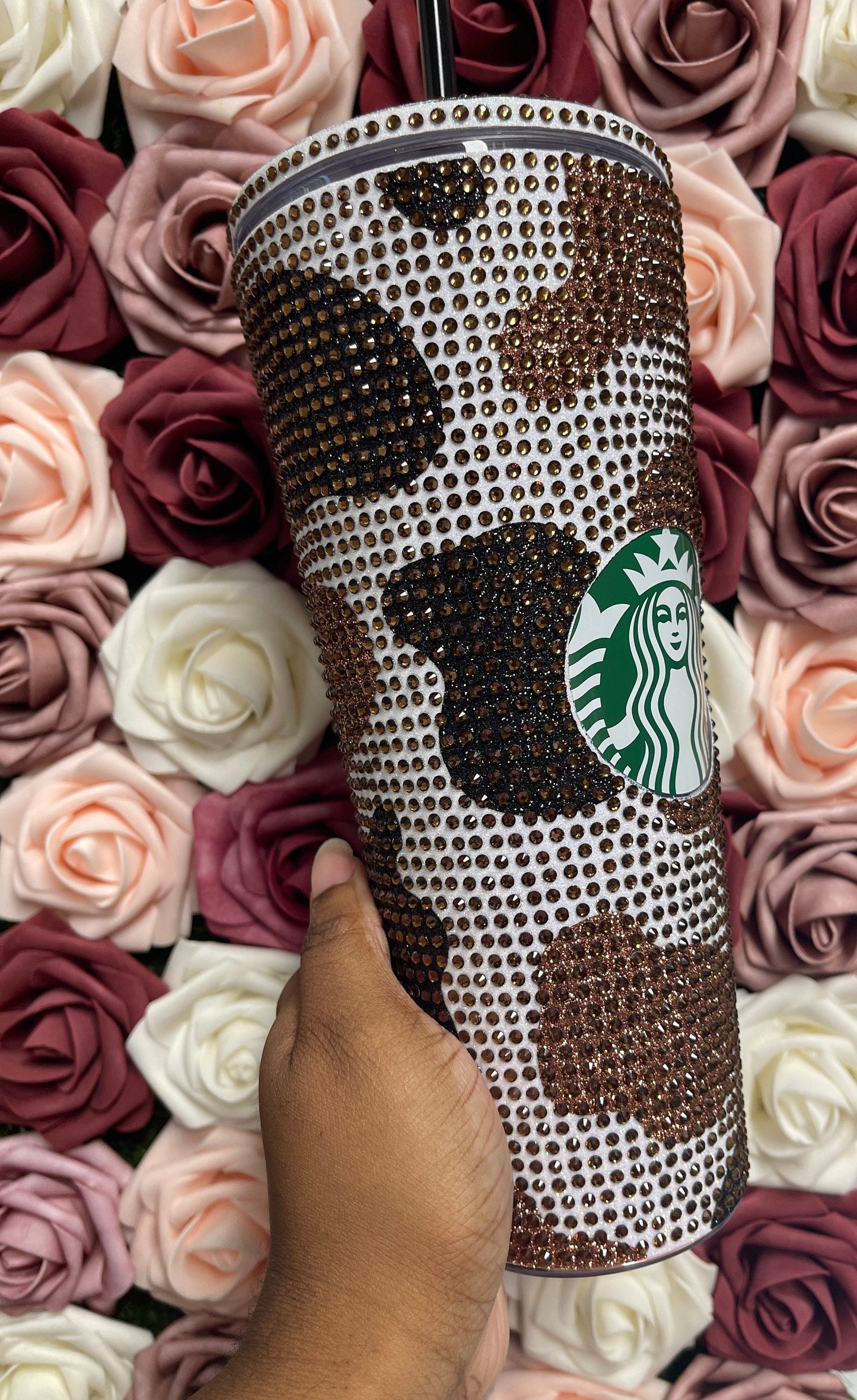 Black and Brown Two Tone Cow Print with Brown Rhinestone Full Bling Venti Acrylic Starbucks Tumbler 16 or 24oz