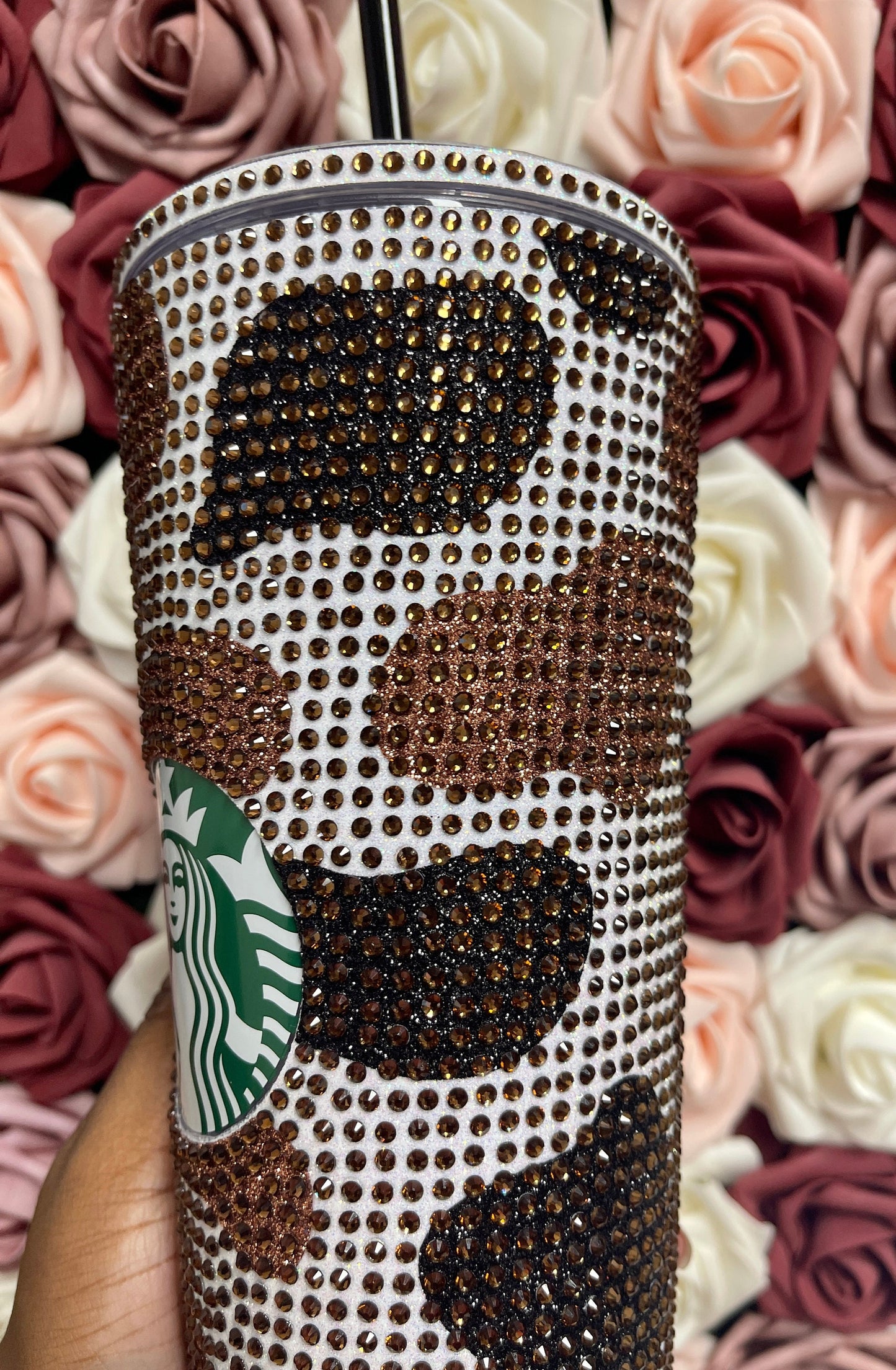 Black and Brown Two Tone Cow Print with Brown Rhinestone Full Bling Venti Acrylic Starbucks Tumbler 16 or 24oz