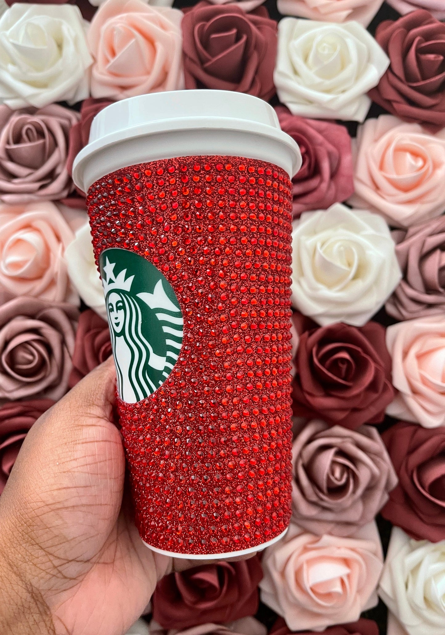 Red Glitter HTV and Red Rhinestone Bling Hot Cup Starbucks Tumbler 16oz