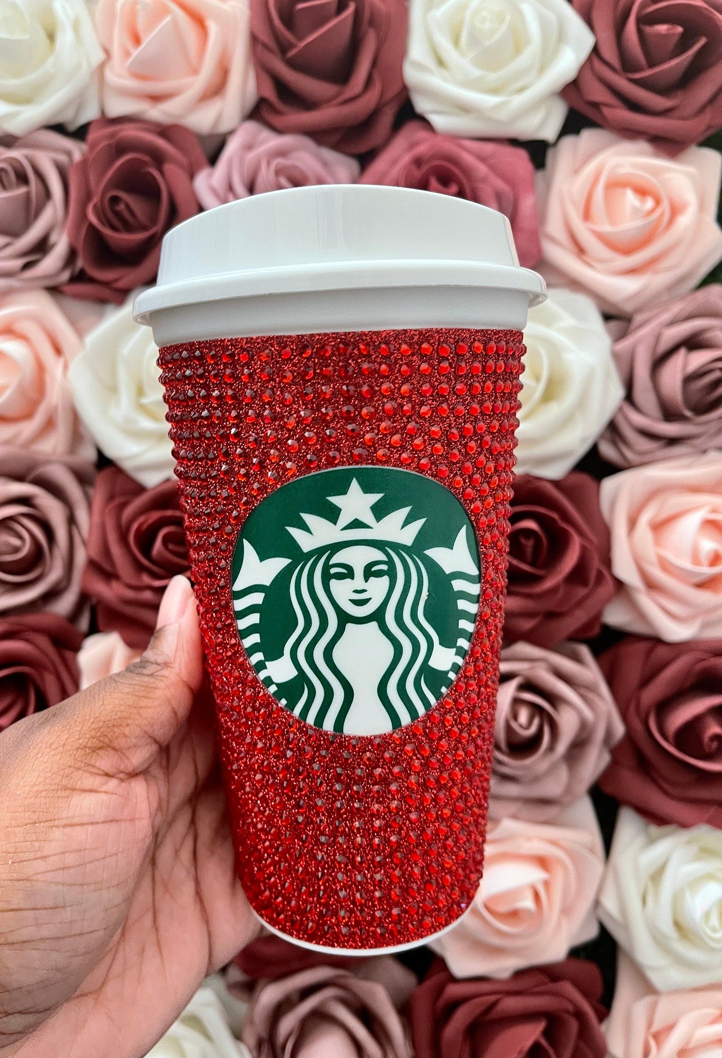 Red Glitter HTV and Red Rhinestone Bling Hot Cup Starbucks Tumbler 16oz