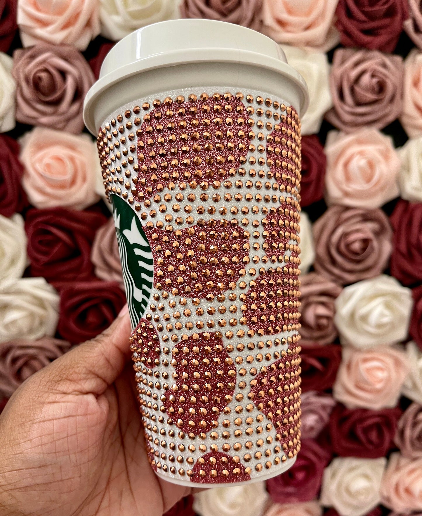 Rose Gold Glitter HTV Cow Print with Rose Gold Rhinestone Bling Hot Cup Starbucks Tumbler 16 oz