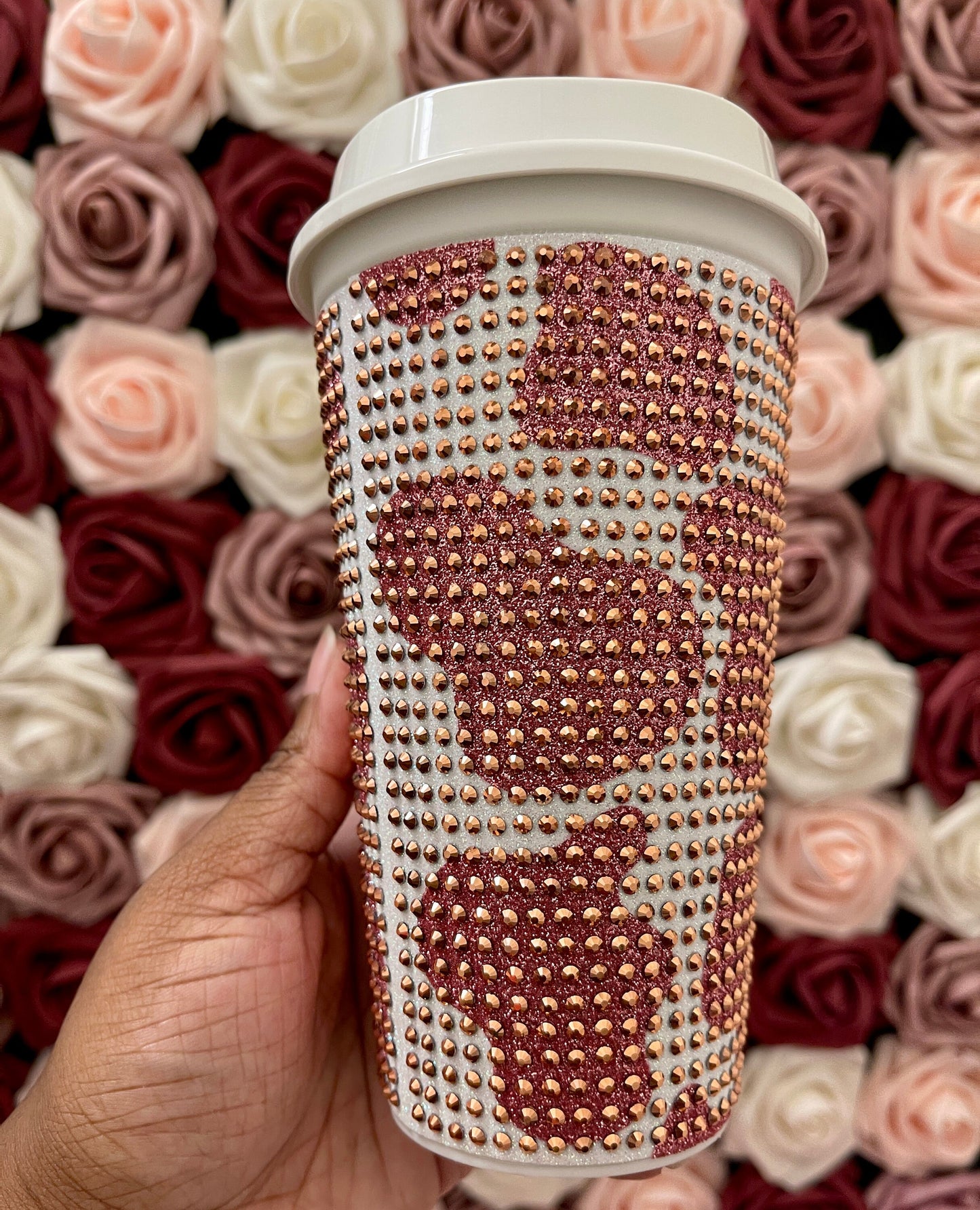 Rose Gold Glitter HTV Cow Print with Rose Gold Rhinestone Bling Hot Cup Starbucks Tumbler 16 oz