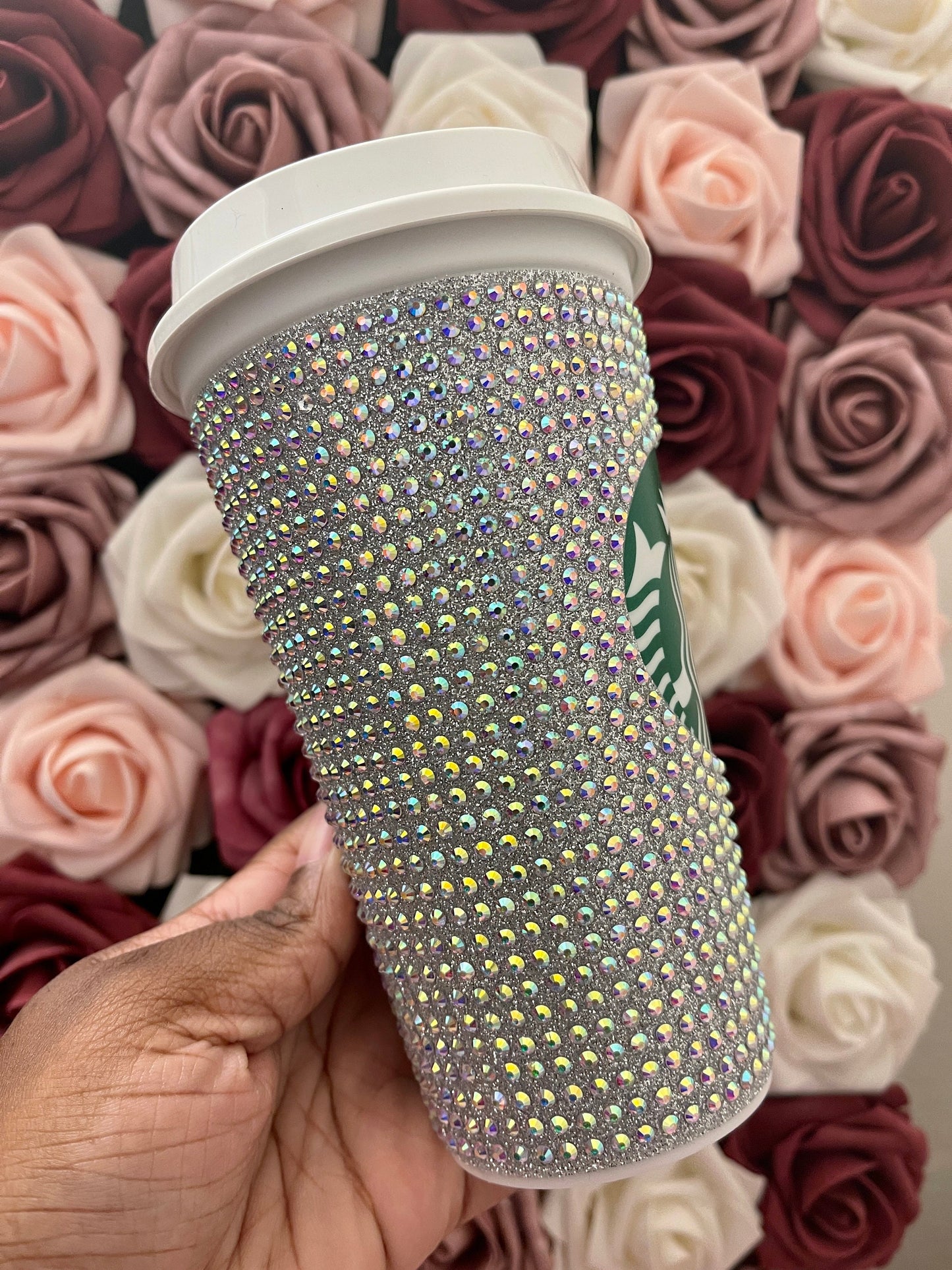 Silver Glitter HTV and Crystal AB Rhinestone Bling Hot Cup Starbucks Tumbler 16 oz