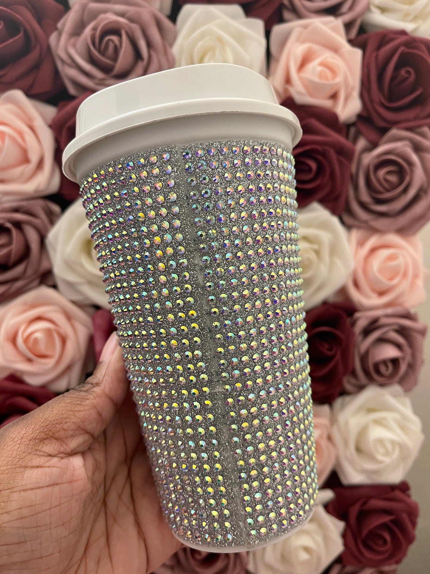 Silver Glitter HTV and Crystal AB Rhinestone Bling Hot Cup Starbucks Tumbler 16 oz