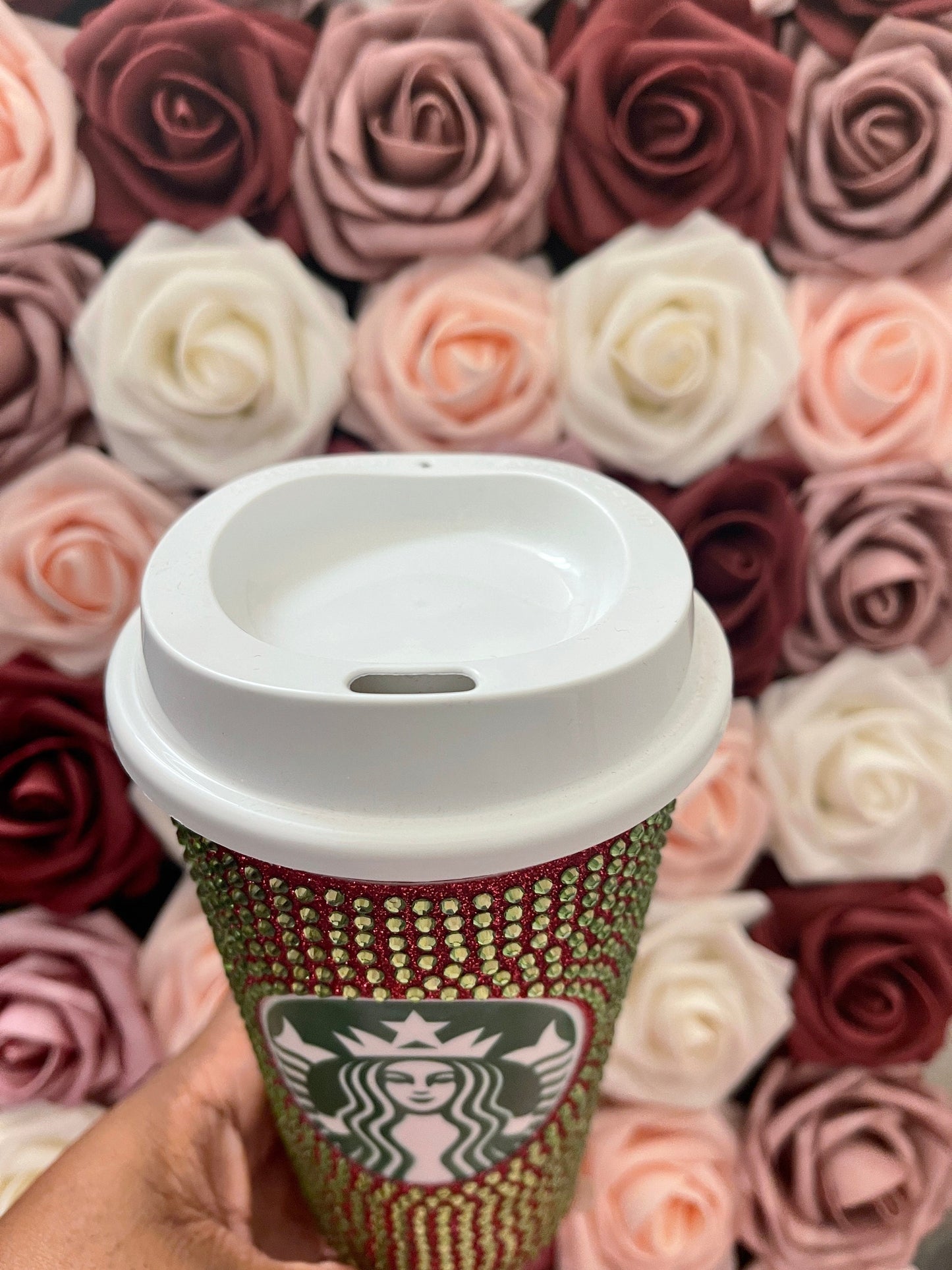 Blush Glitter HTV and Peridot Rhinestone Bling Hot Cup Starbucks Tumbler 16 oz