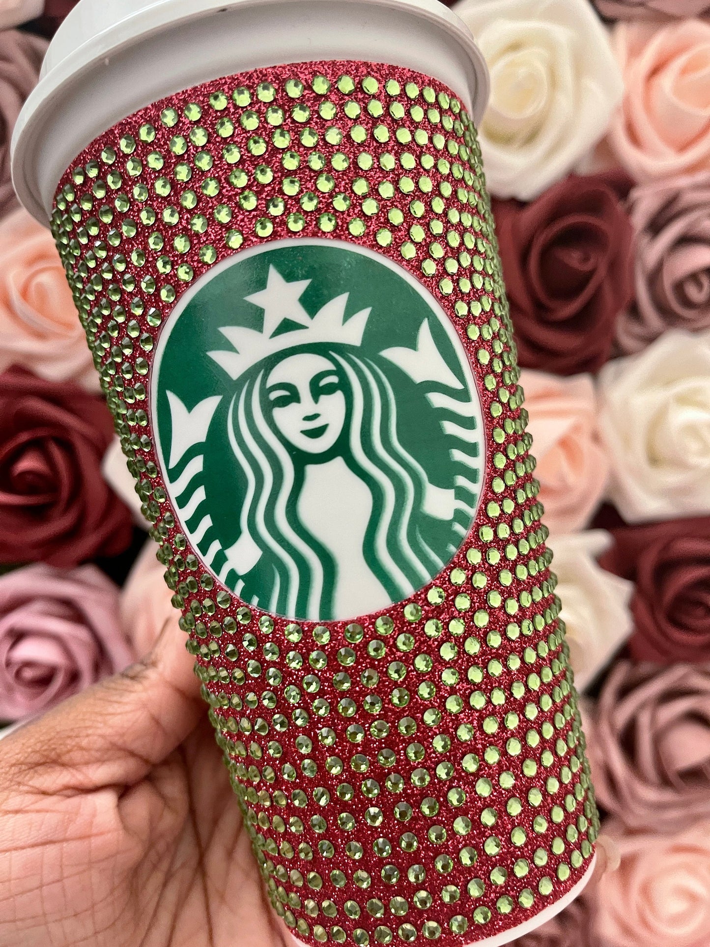 Blush Glitter HTV and Peridot Rhinestone Bling Hot Cup Starbucks Tumbler 16 oz