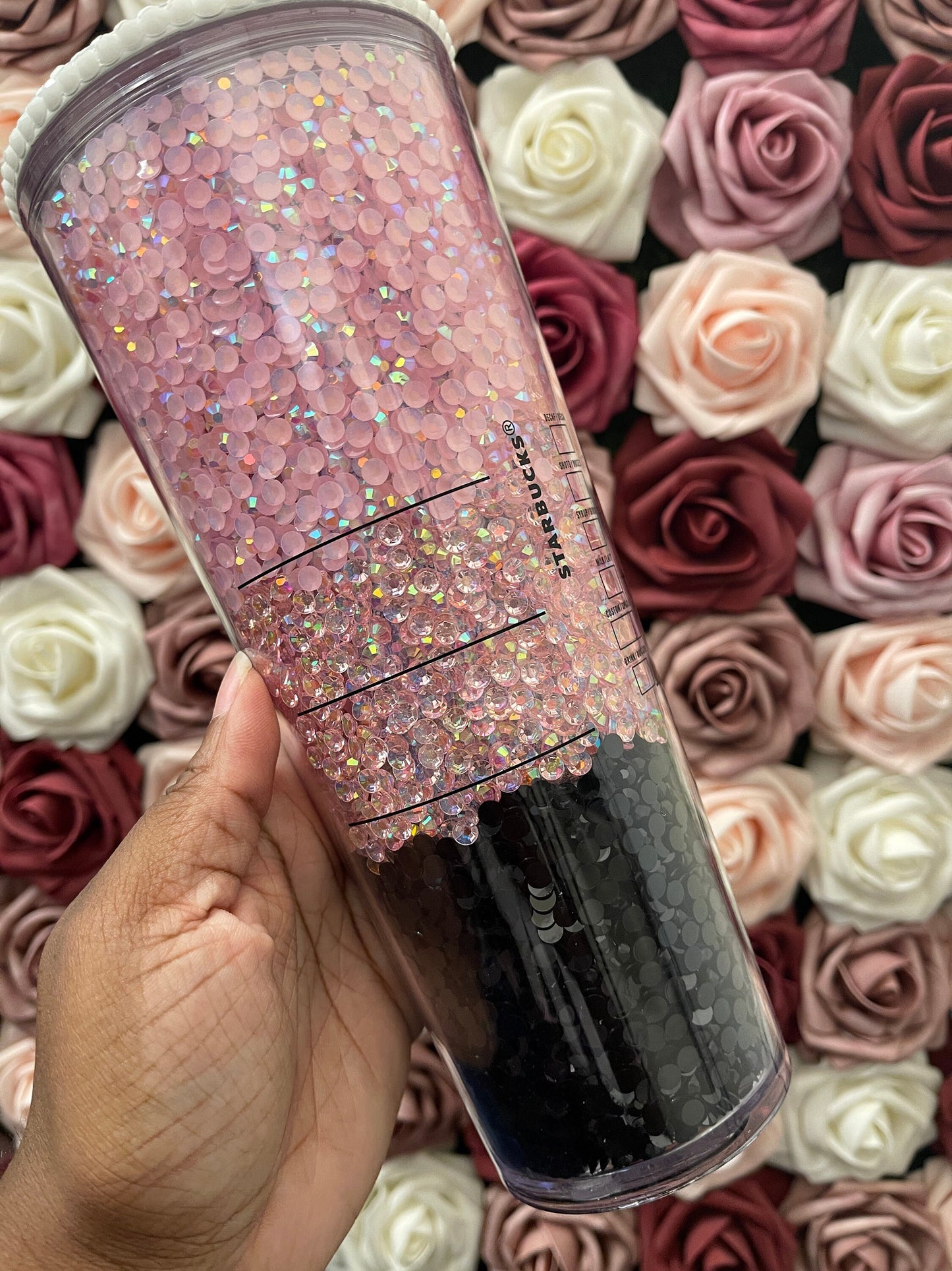 Starbucks Three Color Ombre Pink and Black Rhinestone Filled Tumbler|Rhinestone Lid| Reverse Rhinestones