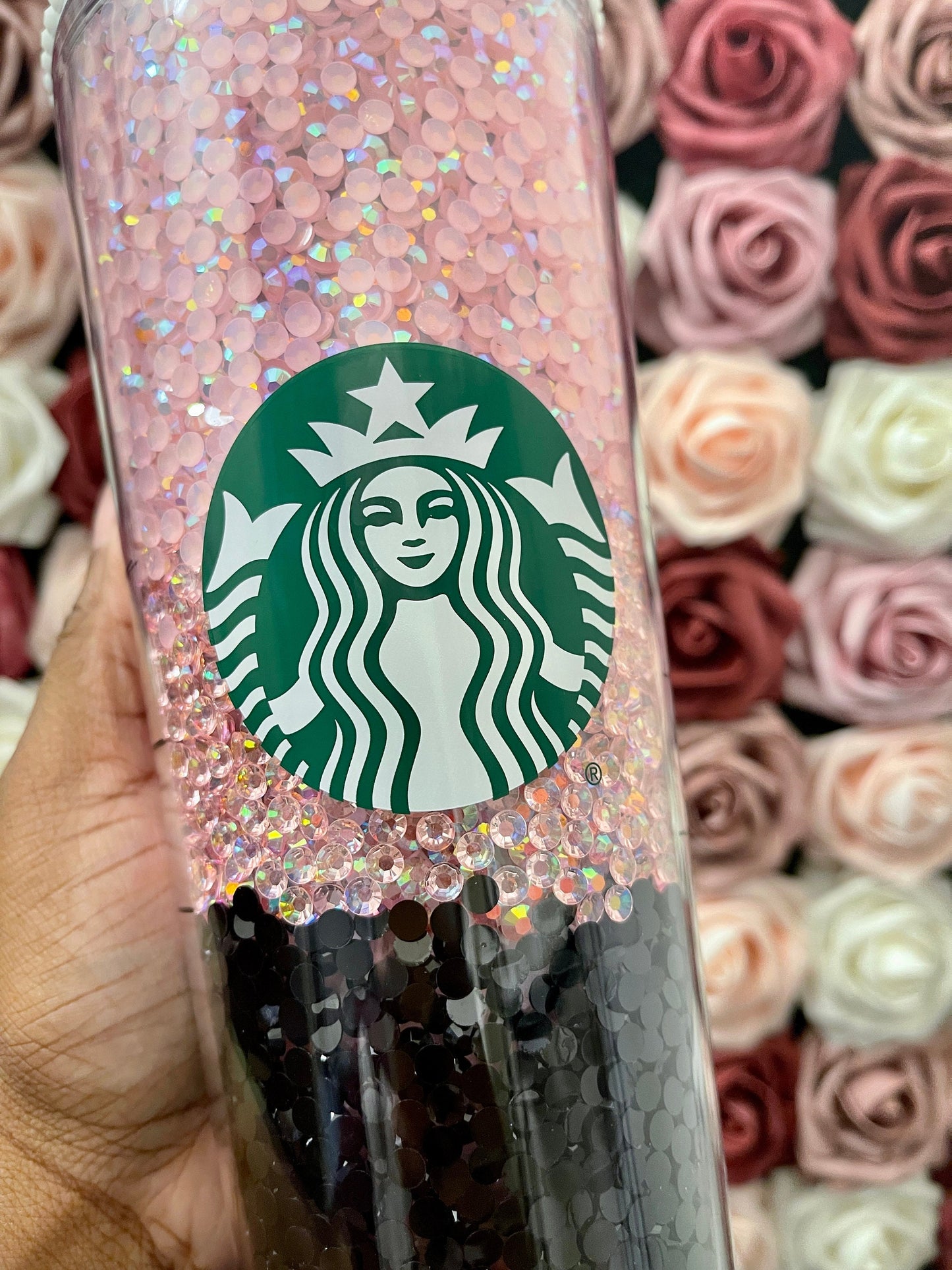 Starbucks Three Color Ombre Pink and Black Rhinestone Filled Tumbler|Rhinestone Lid| Reverse Rhinestones
