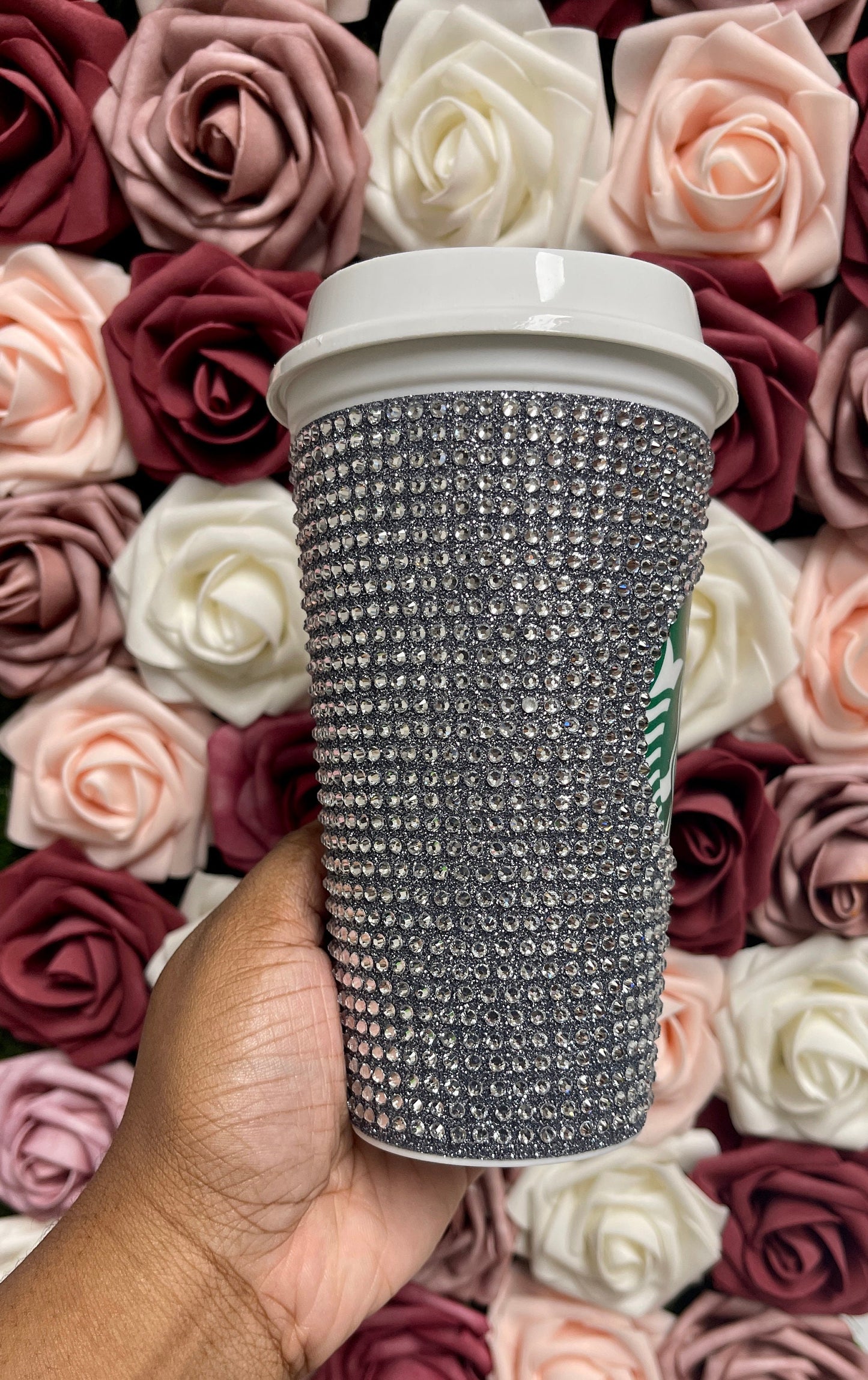 Black Silver Glitter HTV and Crystal Rhinestone Bling Hot Cup Starbucks Tumbler 16 oz