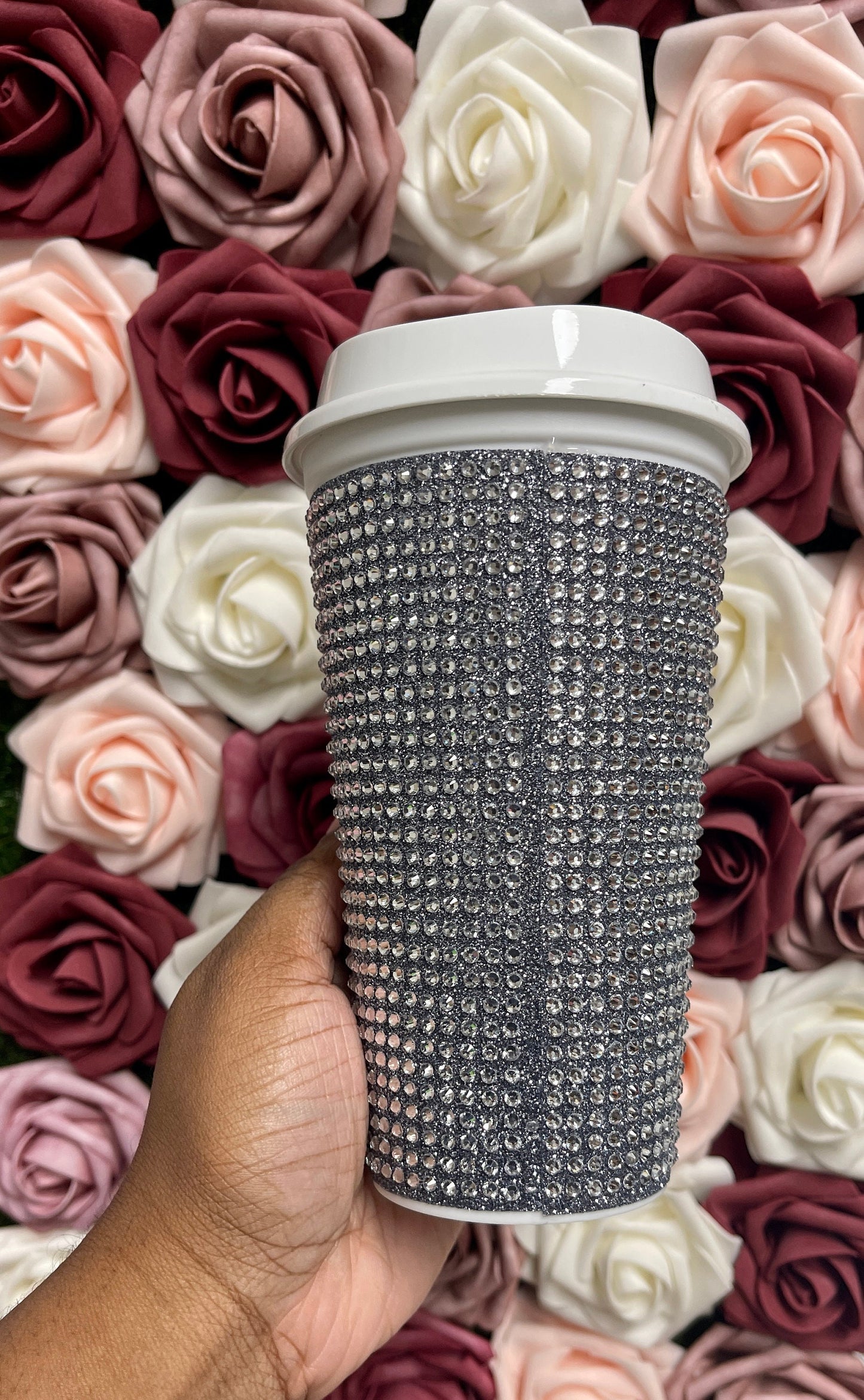 Black Silver Glitter HTV and Crystal Rhinestone Bling Hot Cup Starbucks Tumbler 16 oz