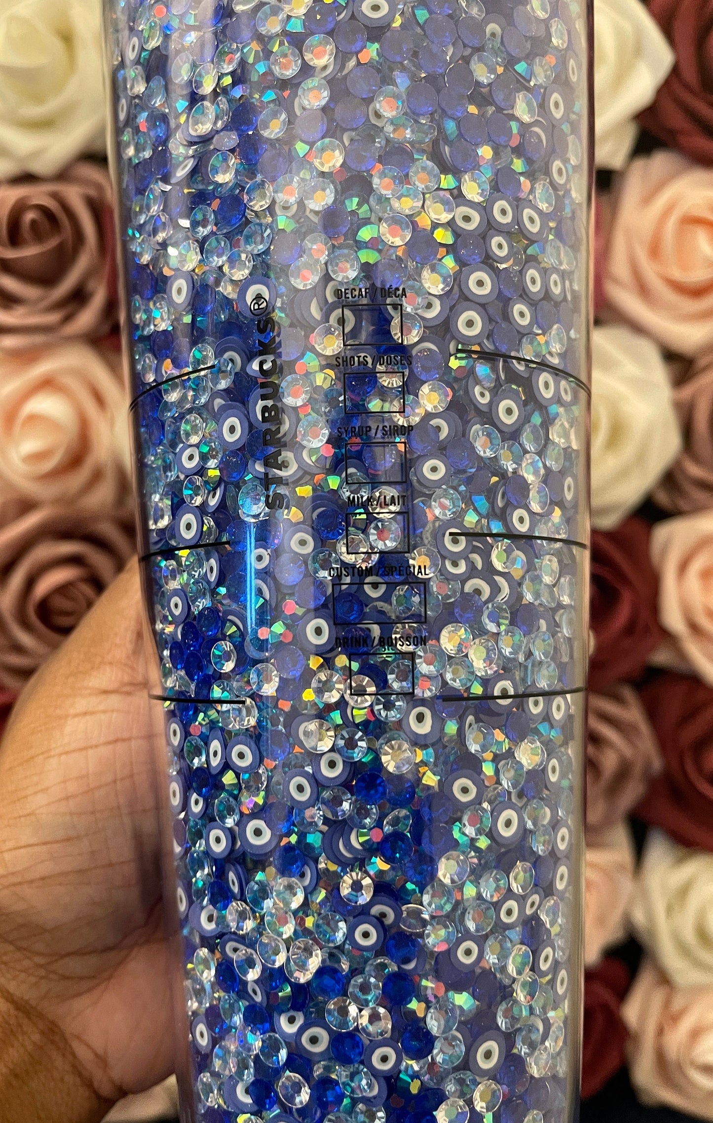 Starbucks Blue Evil Eye Rhinestone Filled Tumbler|Rhinestone Lid| Reverse Rhinestones|Lt. Sapphire AB