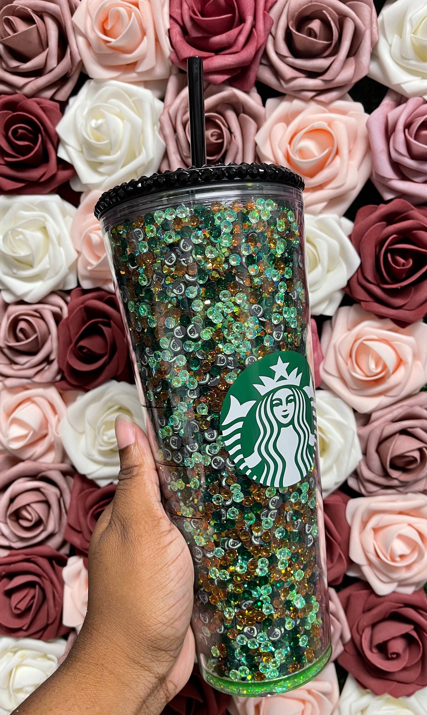 Starbucks Green Mix Rhinestone Filled Tumbler|Rhinestone Lid| Reverse Rhinestones 16 or 24 oz