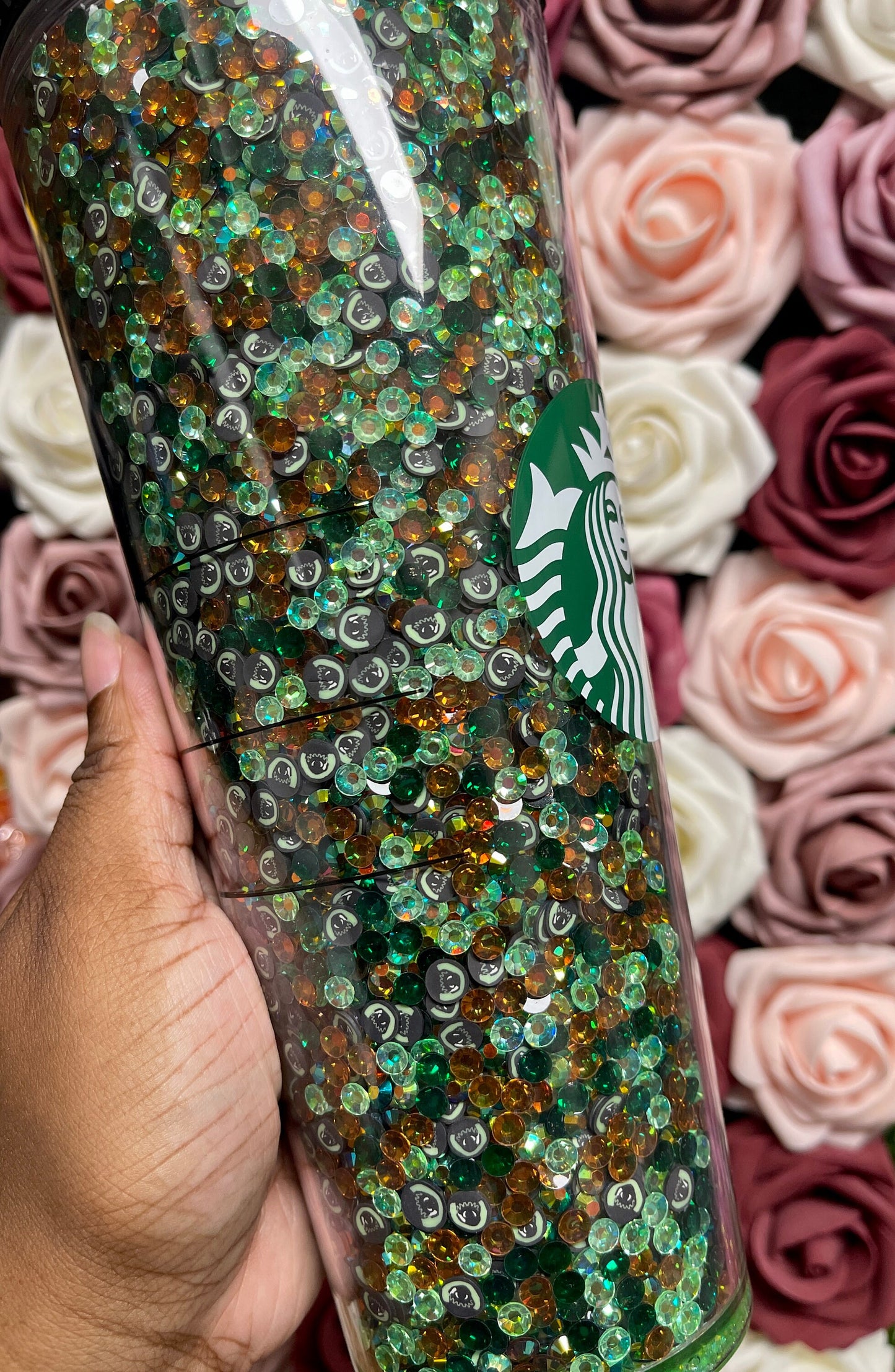Starbucks Green Mix Rhinestone Filled Tumbler|Rhinestone Lid| Reverse Rhinestones 16 or 24 oz