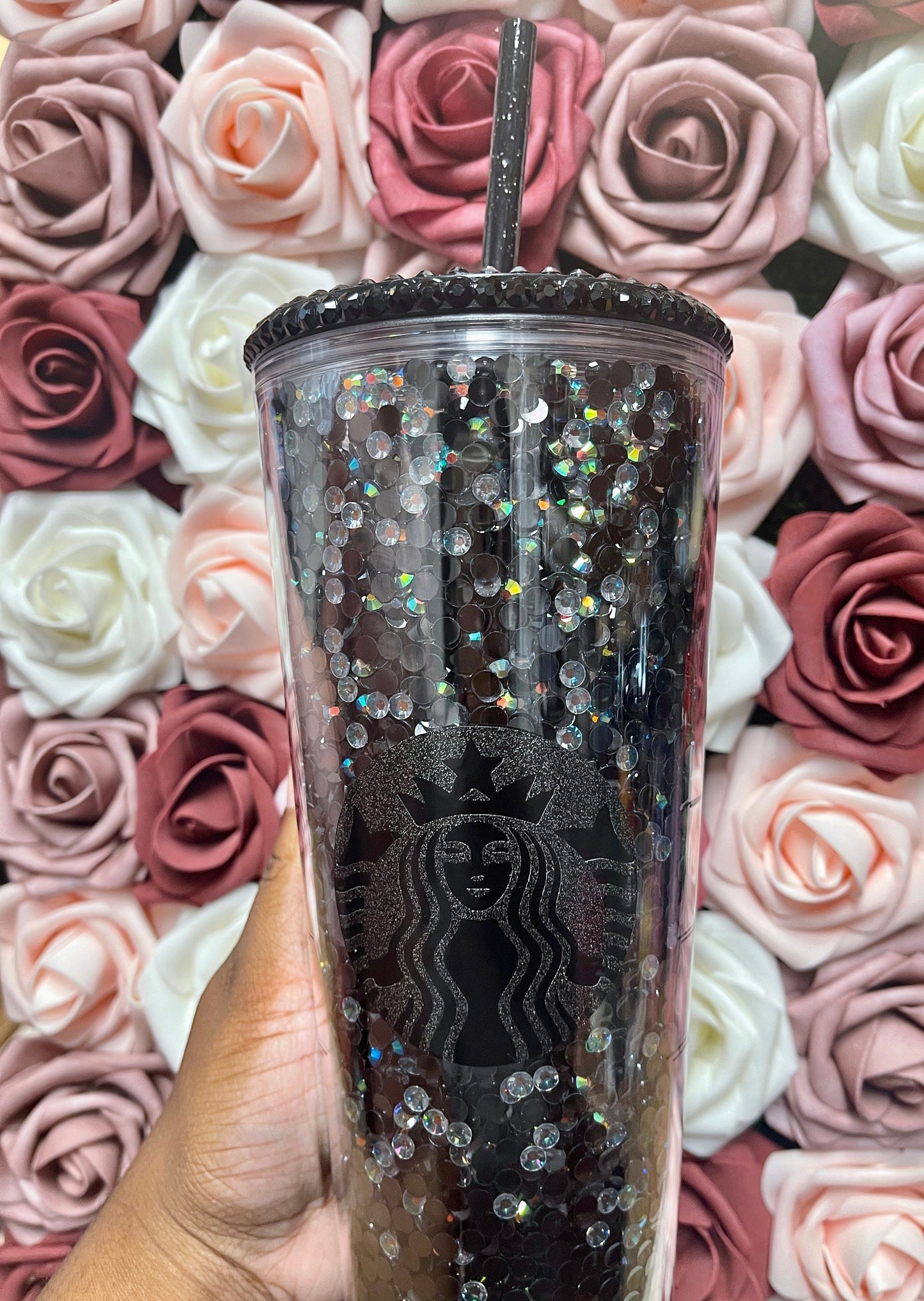 Starbucks Black and Grey Rhinestone Filled Tumbler|Rhinestone Lid| Reverse Rhinestones 16 or 24 oz
