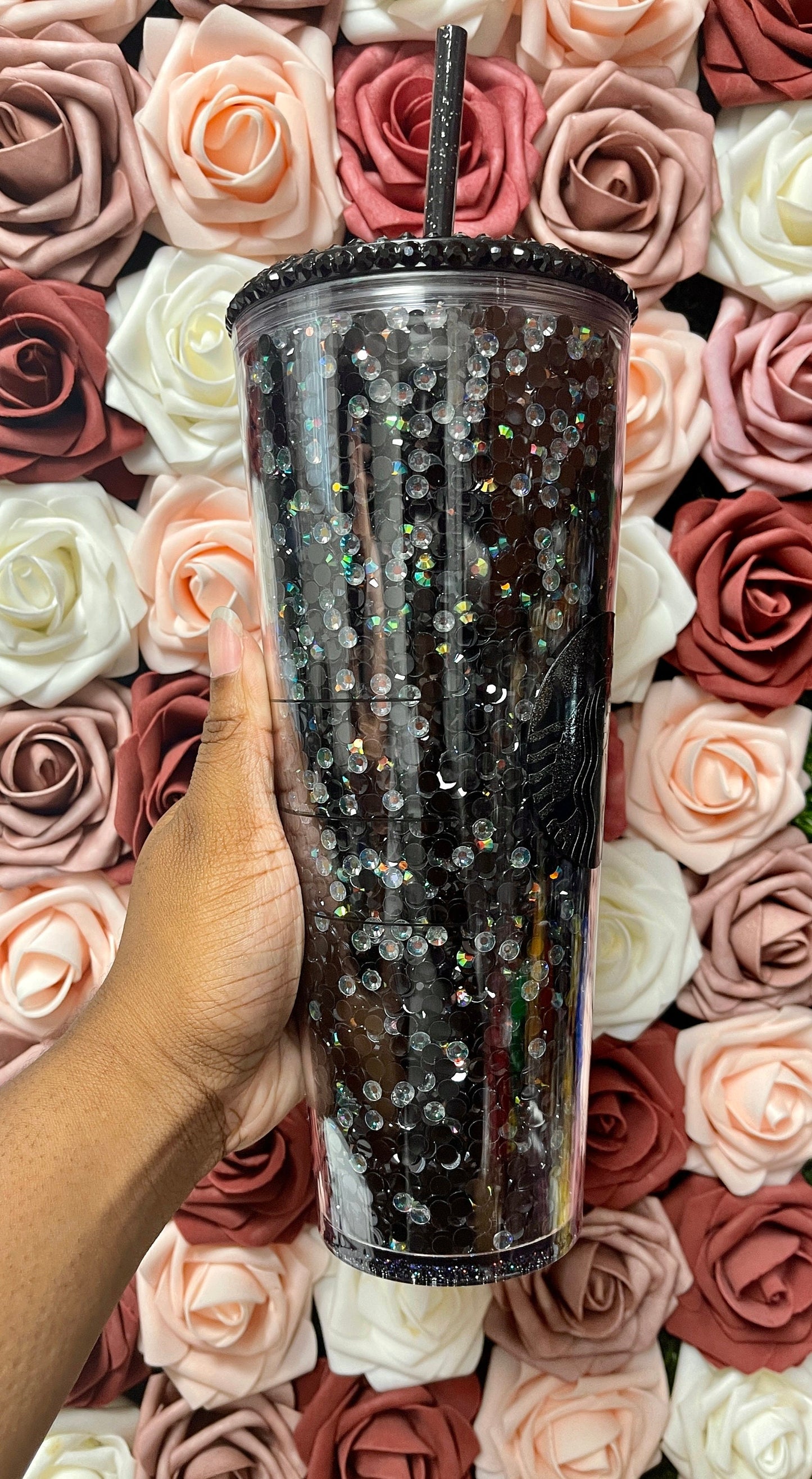 Starbucks Black and Grey Rhinestone Filled Tumbler|Rhinestone Lid| Reverse Rhinestones 16 or 24 oz
