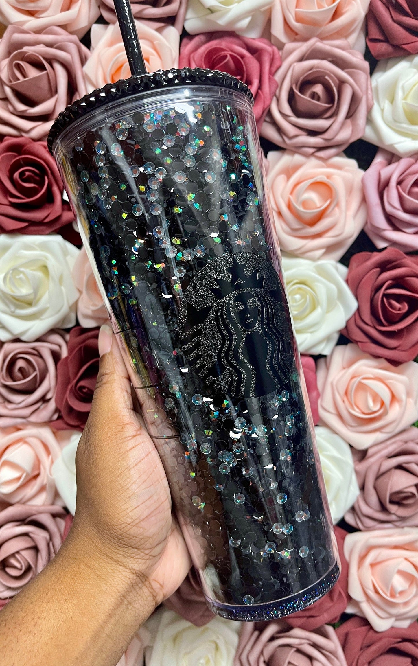 Starbucks Black and Grey Rhinestone Filled Tumbler|Rhinestone Lid| Reverse Rhinestones 16 or 24 oz
