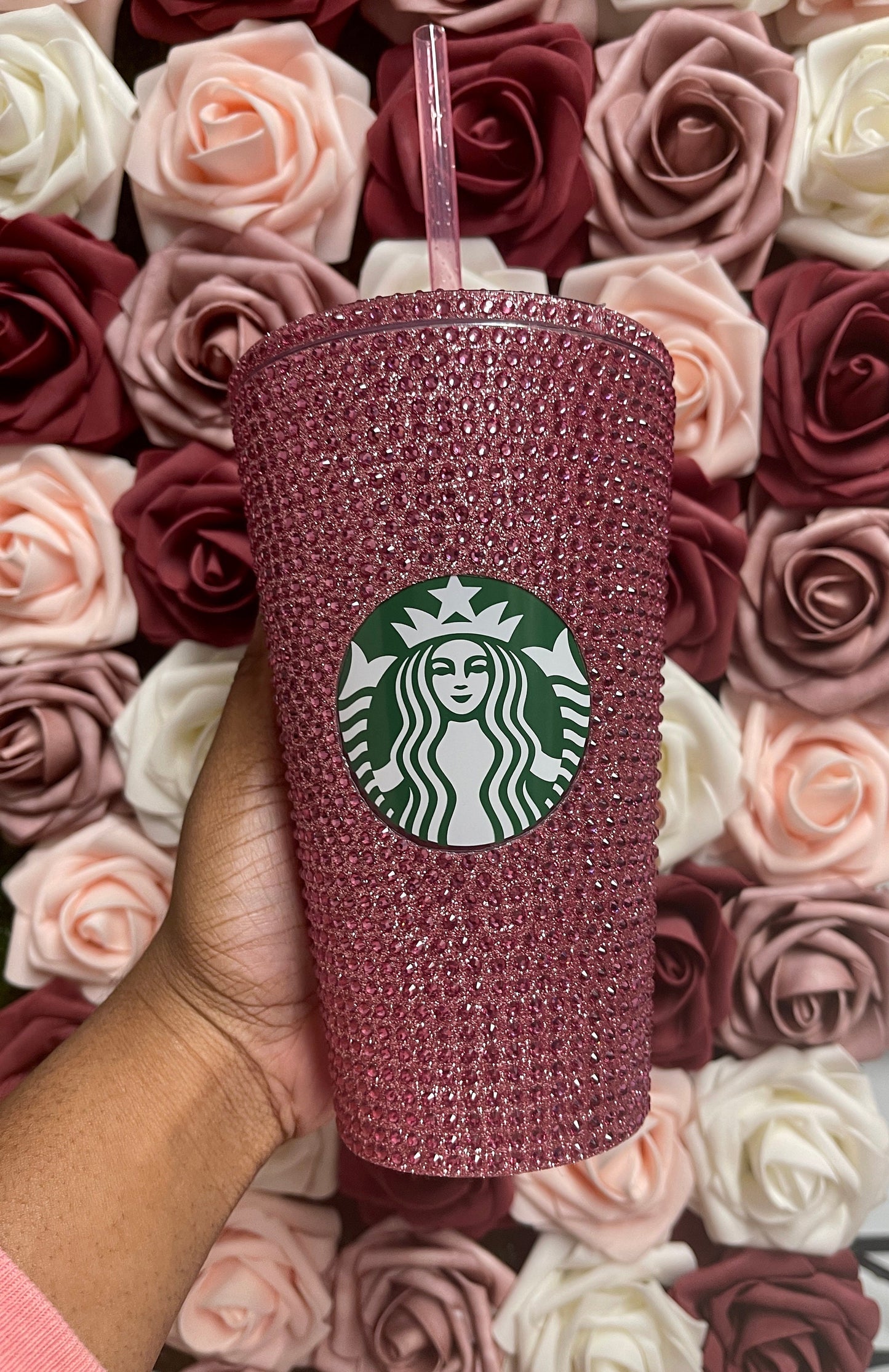 Rose Gold Vinyl With Rose Pink Full Glitter Rhinestone Bling Venti Acrylic Starbucks Tumbler 24oz