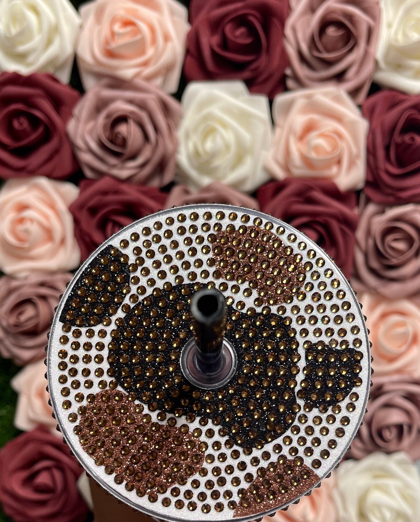 Black and Brown Two Tone Cow Print with Brown Rhinestone Full Bling Venti Acrylic Starbucks Tumbler 16 or 24oz