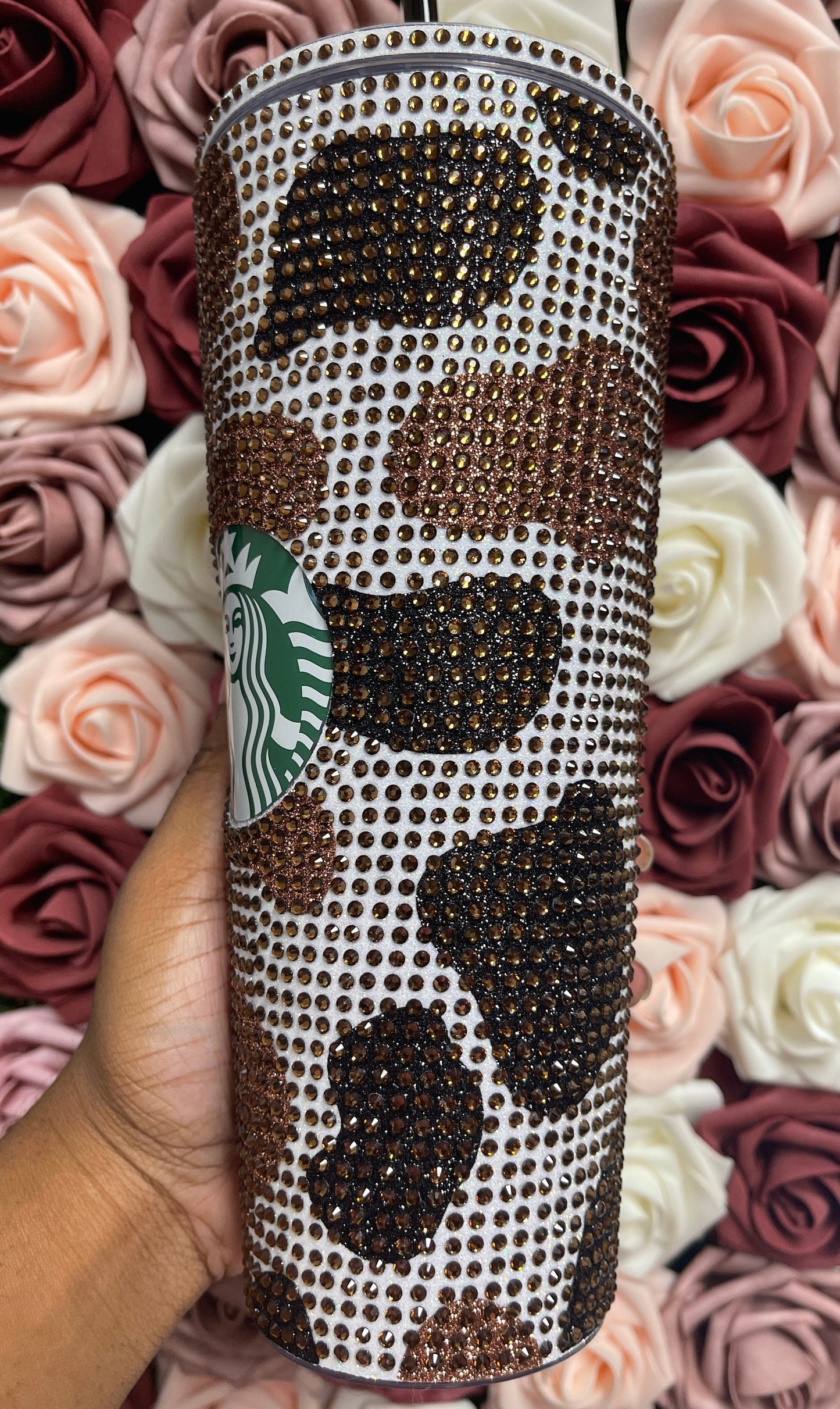 Black and Brown Two Tone Cow Print with Brown Rhinestone Full Bling Venti Acrylic Starbucks Tumbler 16 or 24oz