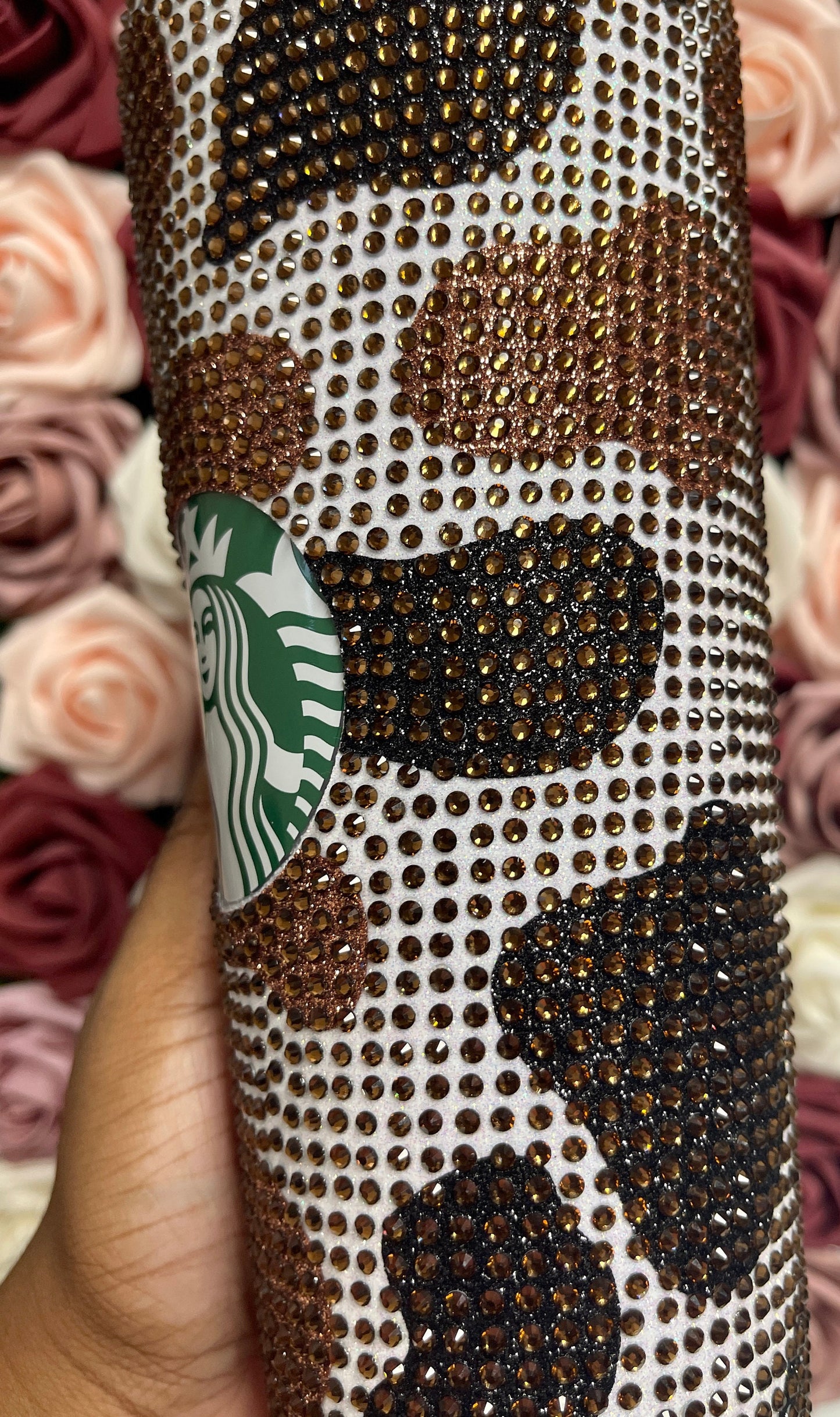 Black and Brown Two Tone Cow Print with Brown Rhinestone Full Bling Venti Acrylic Starbucks Tumbler 16 or 24oz