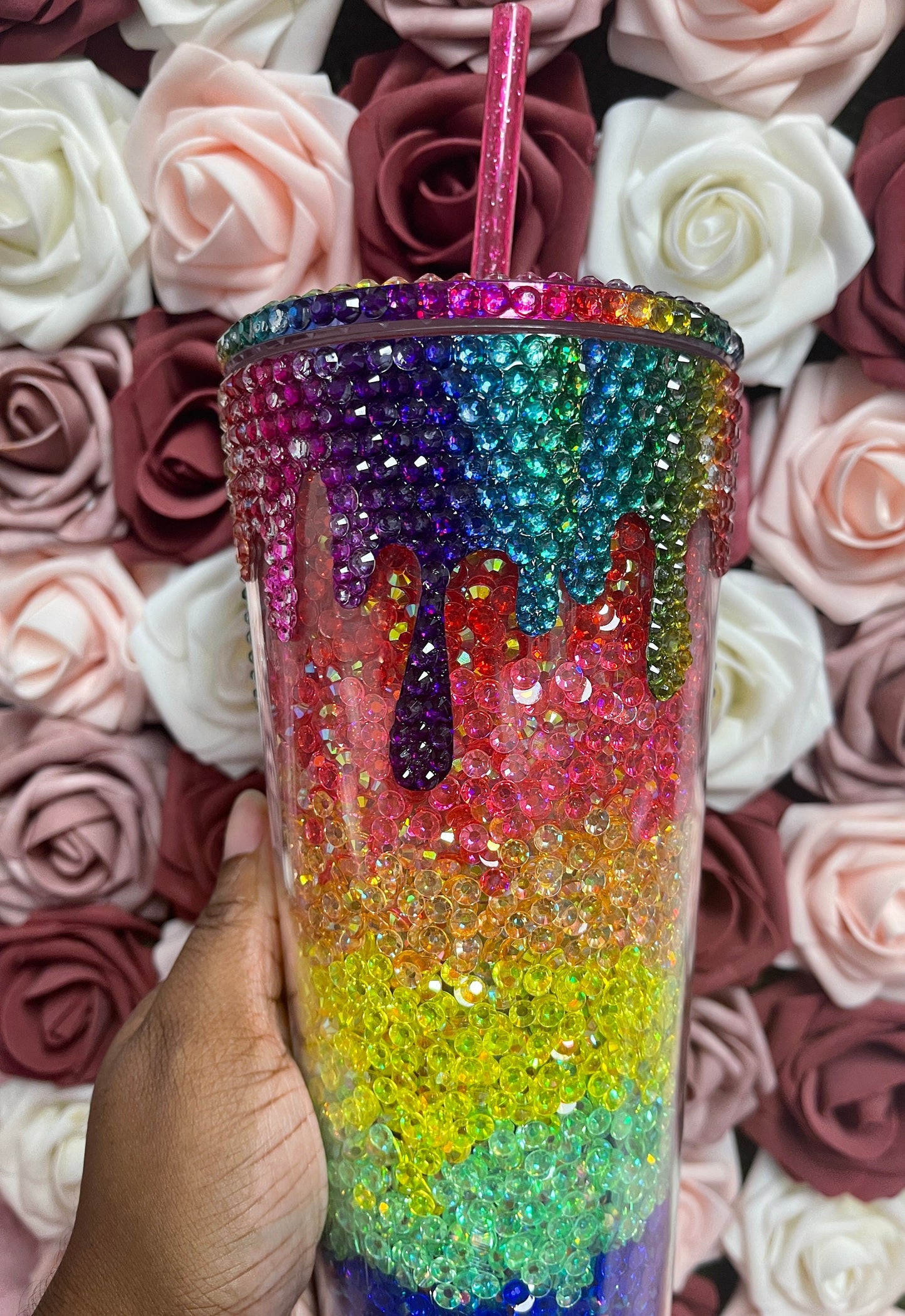 Rainbow Sparkle Drip Rhinestone Bling Venti Acrylic Tumbler 24oz