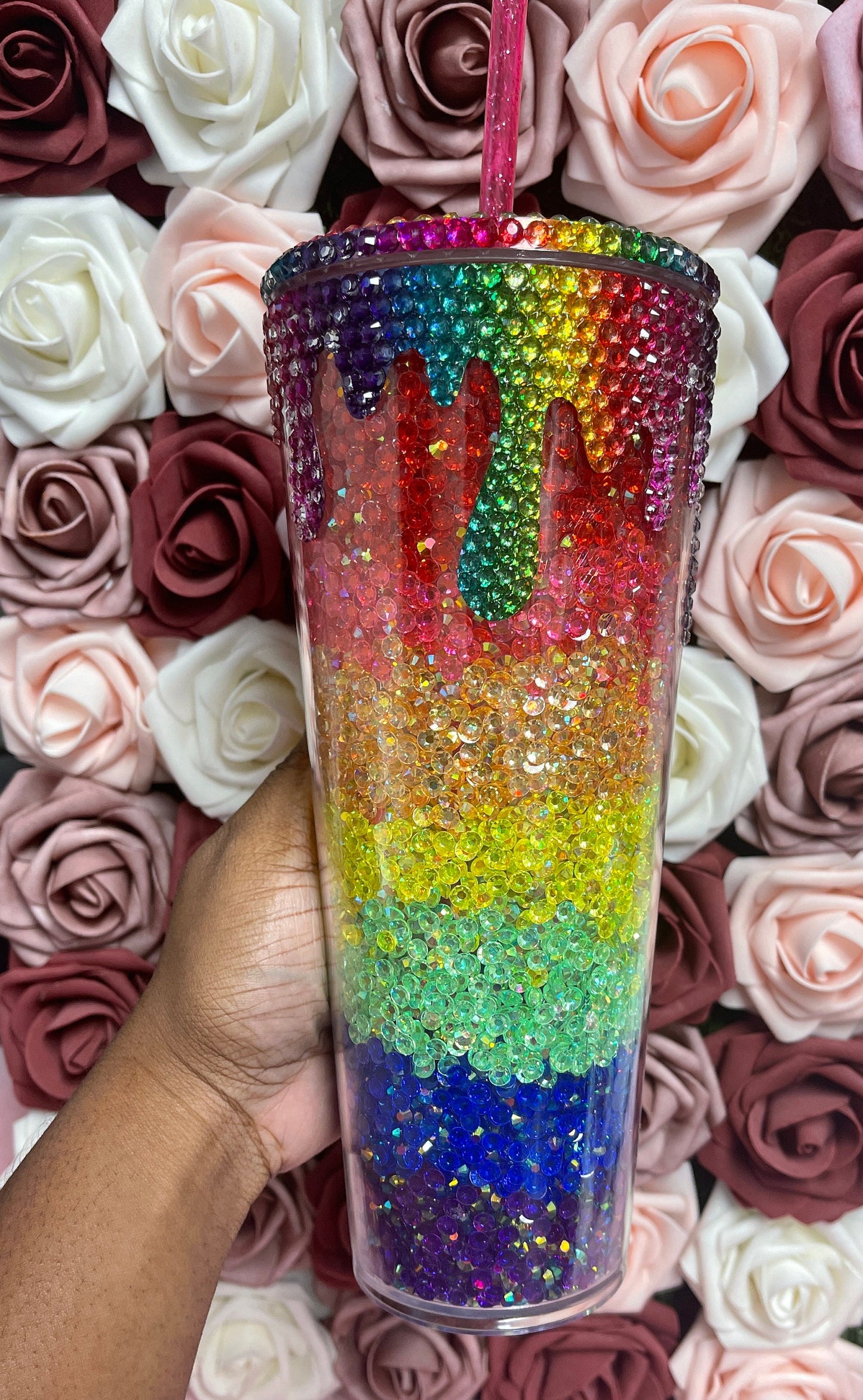 Rainbow Sparkle Drip Rhinestone Bling Venti Acrylic Tumbler 24oz