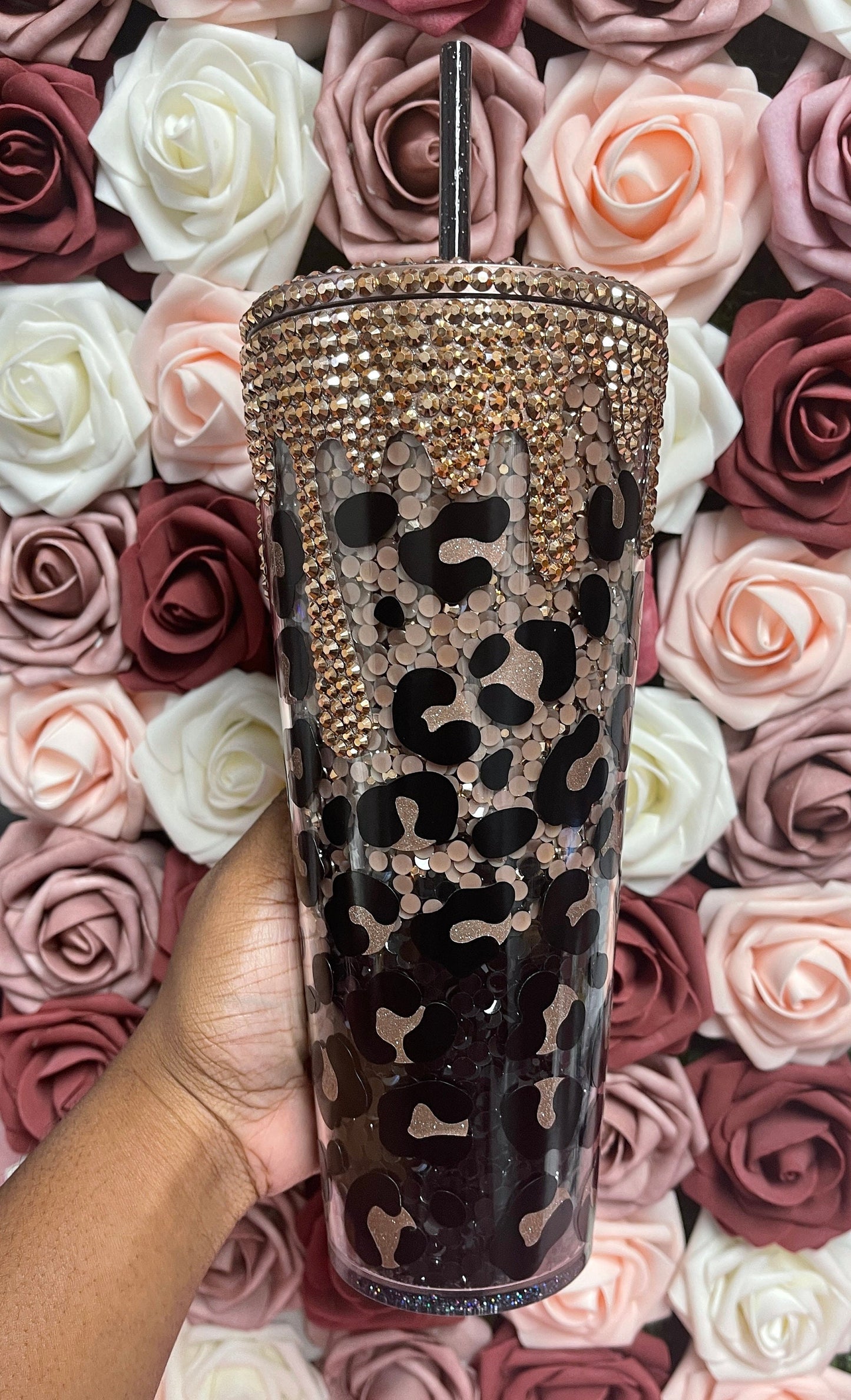 Rose Gold and Black Ombre Cheetah Print Drip Rhinestone Bling Venti Acrylic Tumbler 24oz