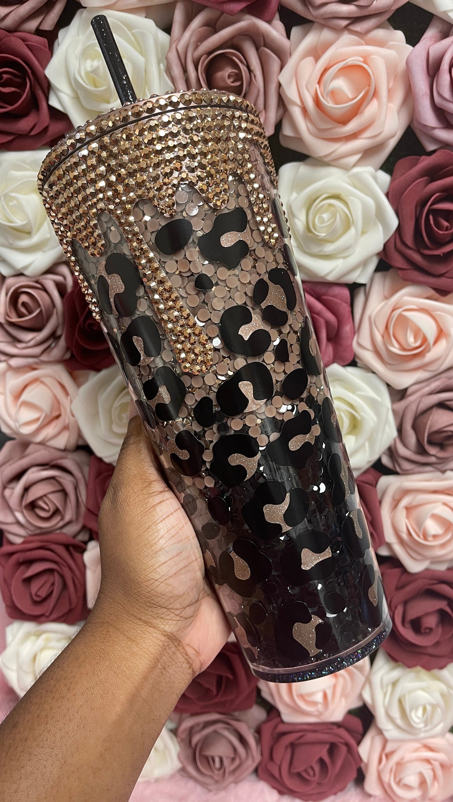 Rose Gold and Black Ombre Cheetah Print Drip Rhinestone Bling Venti Acrylic Tumbler 24oz