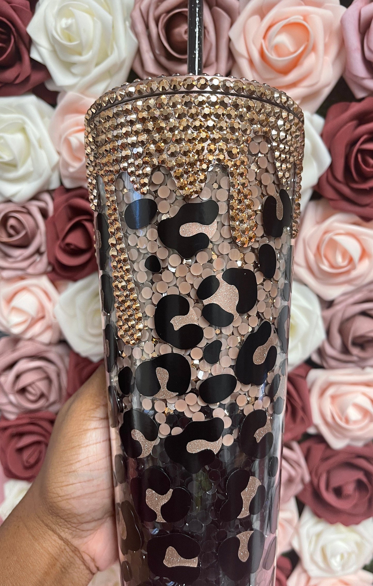 Rose Gold and Black Ombre Cheetah Print Drip Rhinestone Bling Venti Acrylic Tumbler 24oz