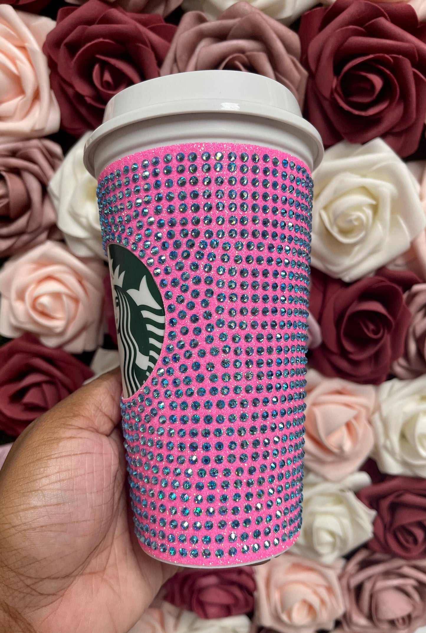 Neon Pink Glitter HTV and Aqua AB Rhinestone Bling Hot Cup Starbucks Tumbler 16 oz