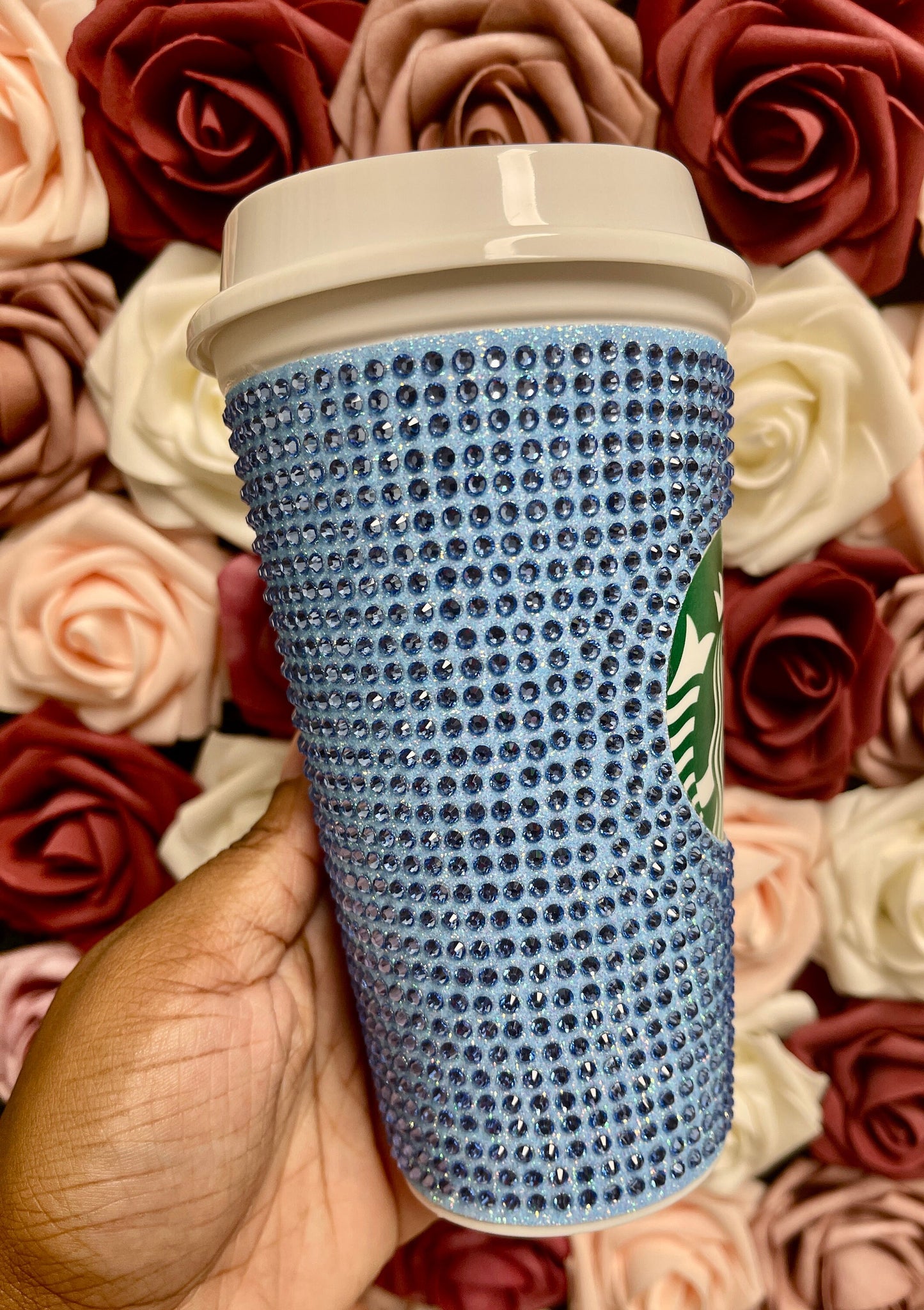 Neon Blue Glitter HTV and Light Sapphire Rhinestone Bling Hot Cup Starbucks Tumbler 16 oz