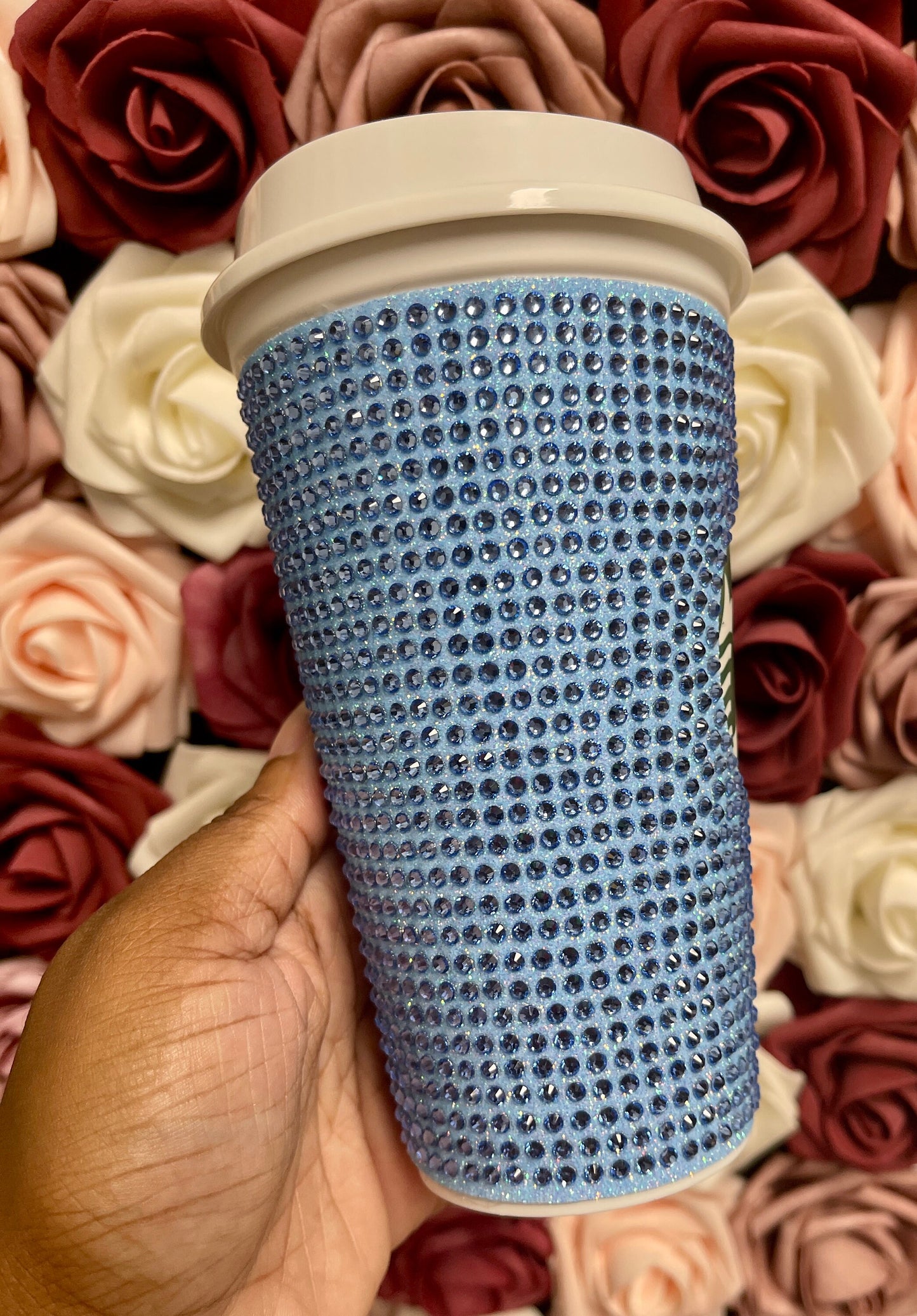 Neon Blue Glitter HTV and Light Sapphire Rhinestone Bling Hot Cup Starbucks Tumbler 16 oz