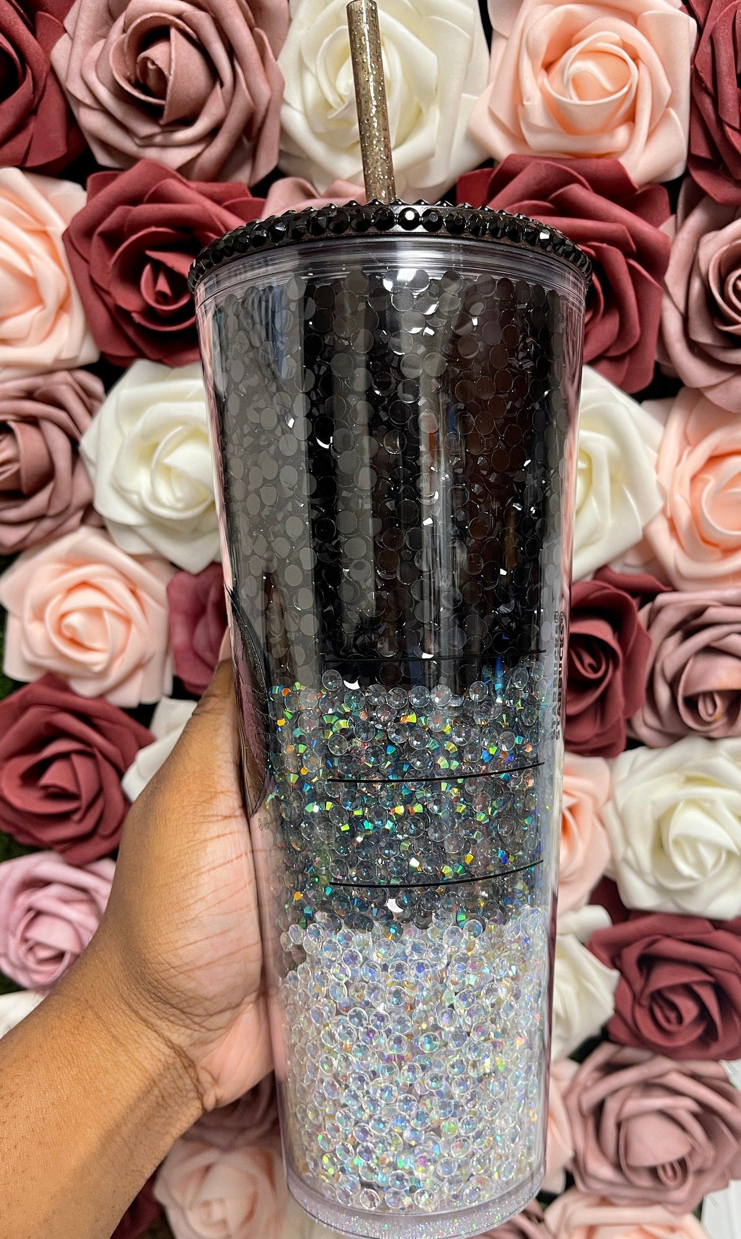Starbucks Black and Grey Ombre Rhinestone Filled Tumbler|Rhinestone Lid| Reverse Rhinestones 16 or 24 oz