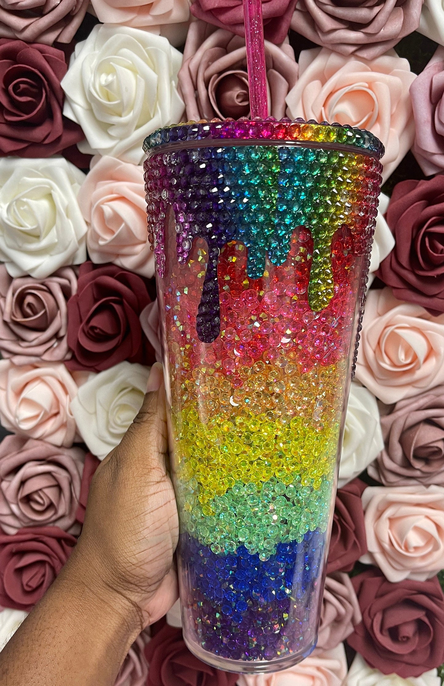 Rainbow Sparkle Drip Rhinestone Bling Venti Acrylic Tumbler 24oz
